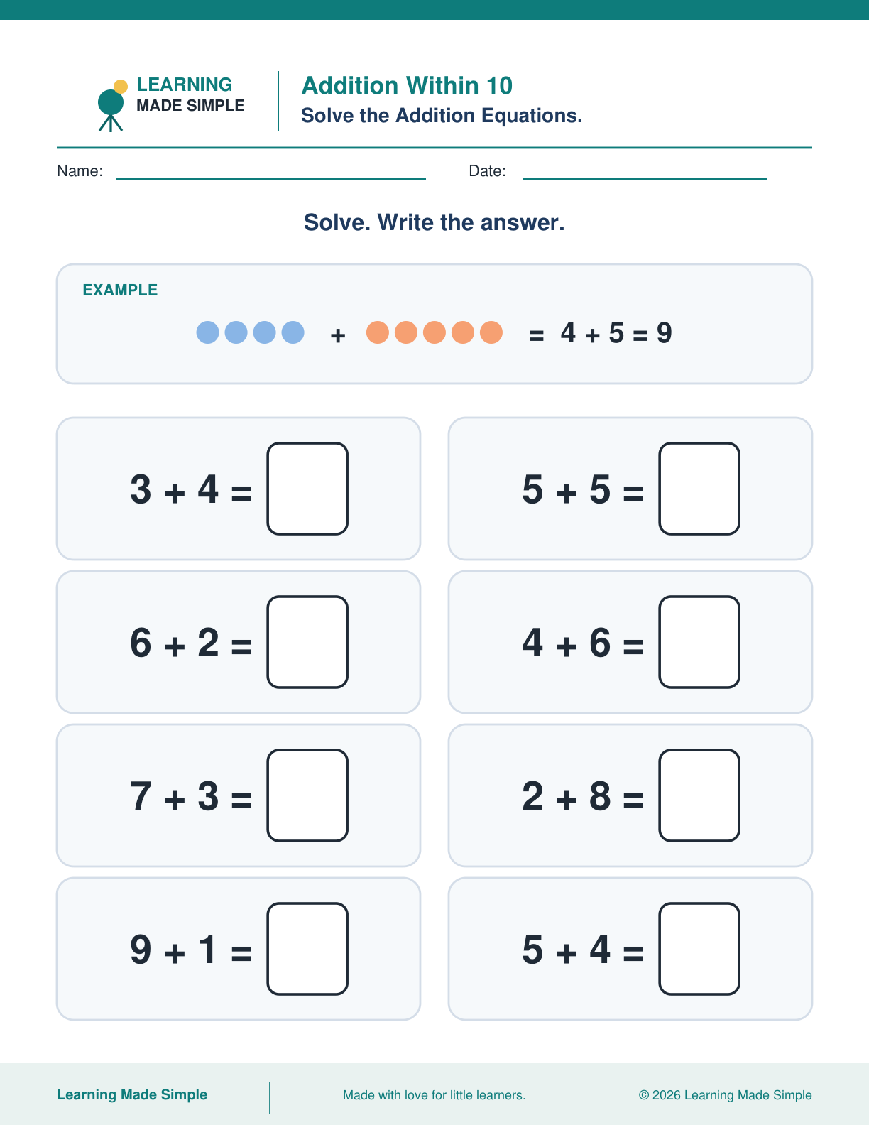 Preview of Addition Within 10 from Addition & Subtraction Within 10