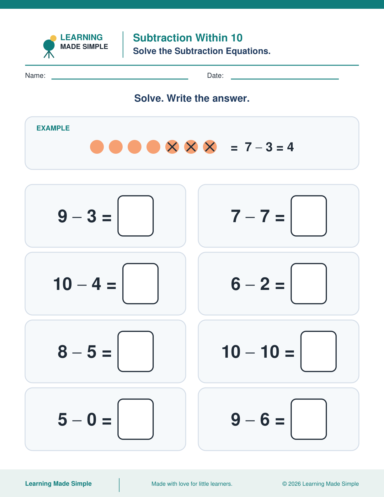 Preview of Subtraction Within 10 from Addition & Subtraction Within 10