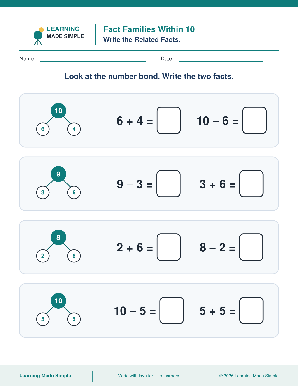 Preview of Fact Families Within 10 from Addition & Subtraction Within 10
