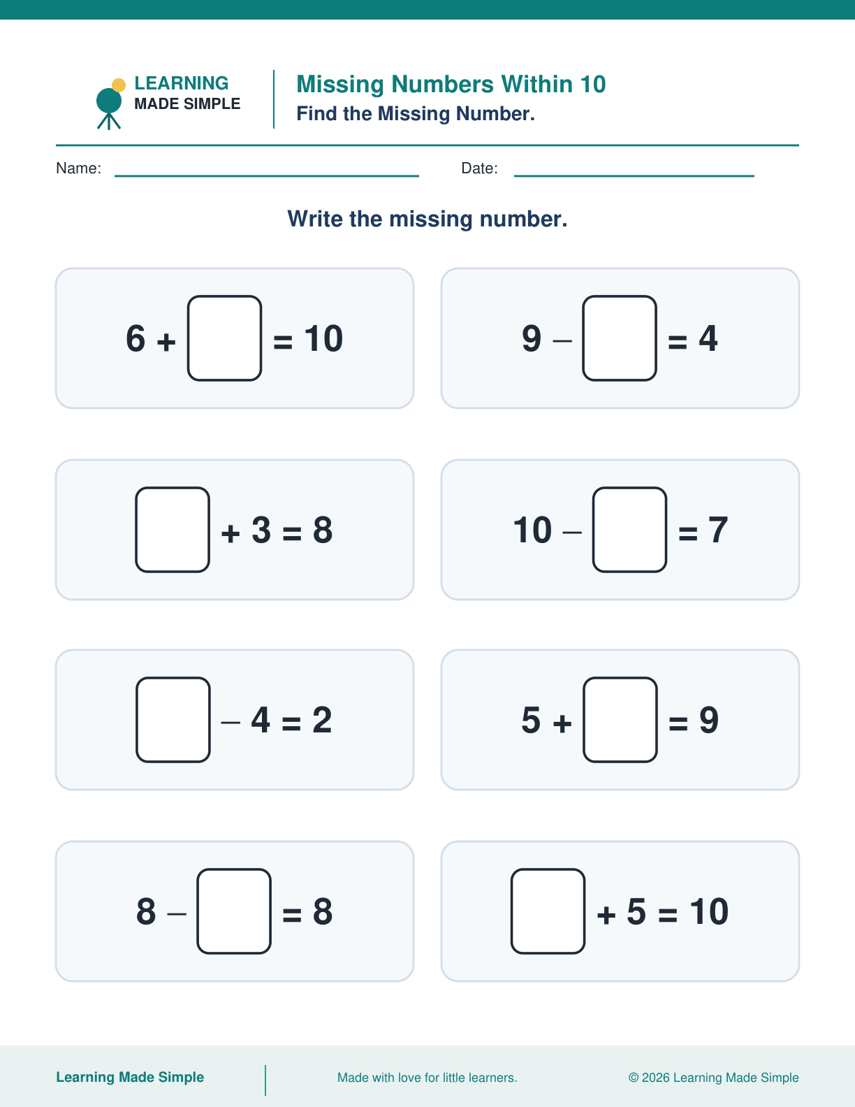 Preview of Missing Numbers Within 10 from Addition & Subtraction Within 10