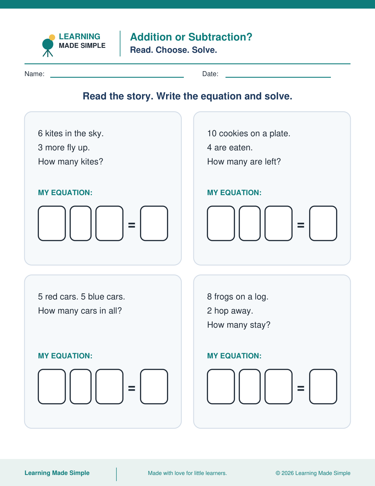 Preview of Addition or Subtraction? from Addition & Subtraction Within 10