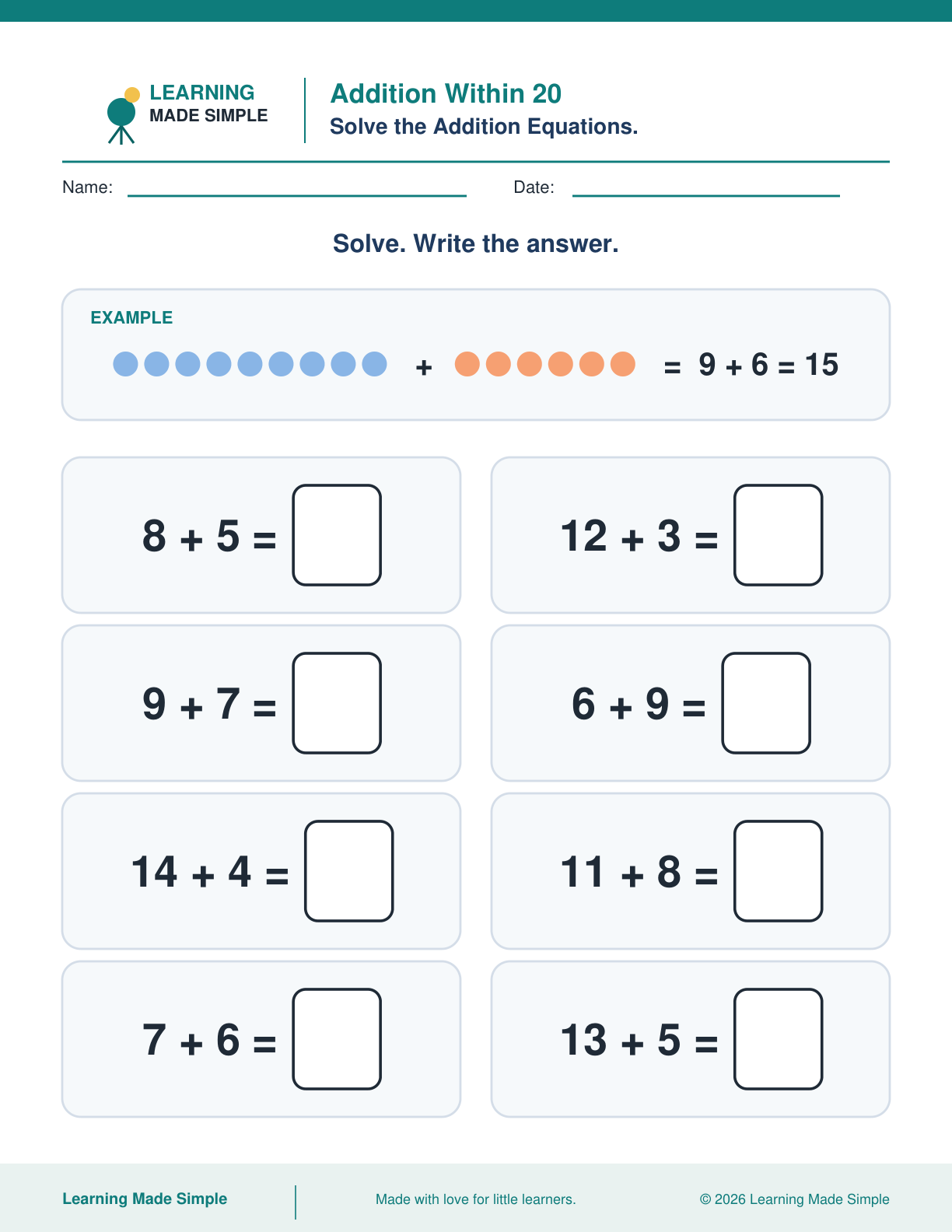 Preview of Addition Within 20 from Addition & Subtraction Within 20