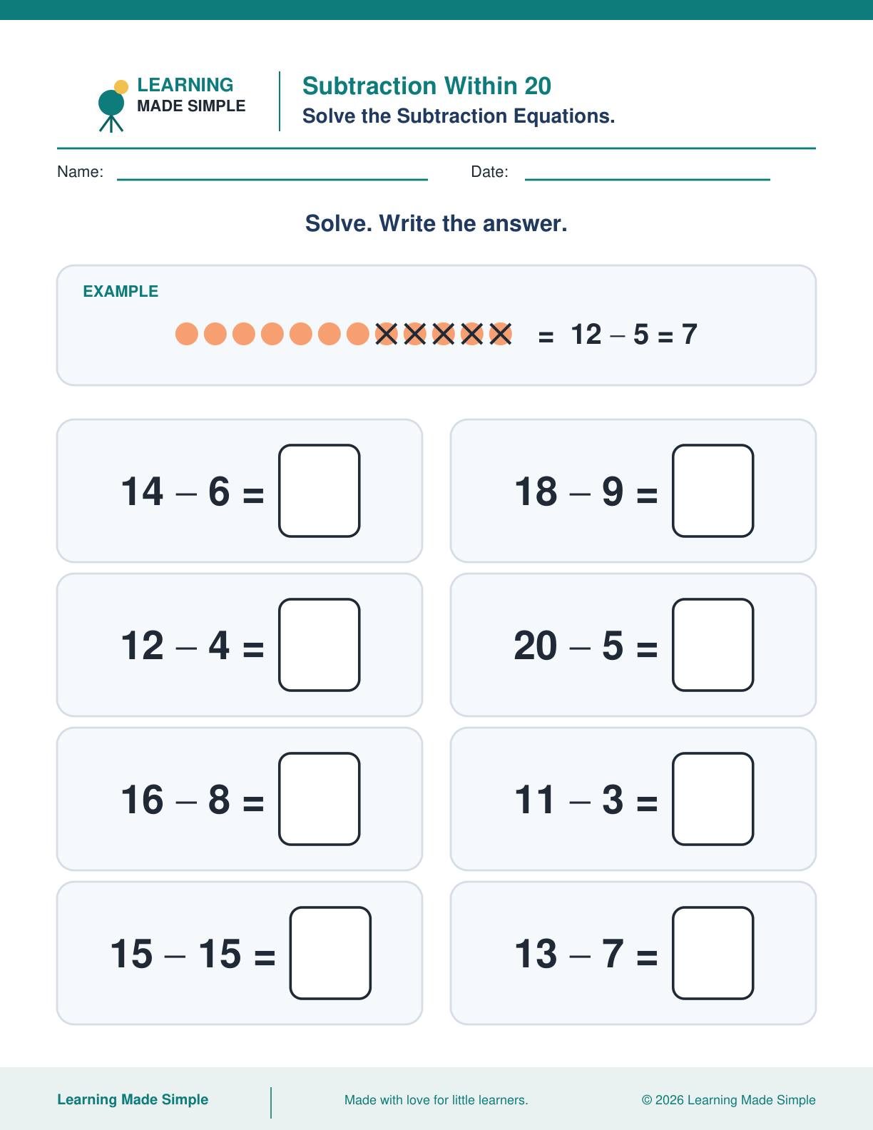 Preview of Subtraction Within 20 from Addition & Subtraction Within 20