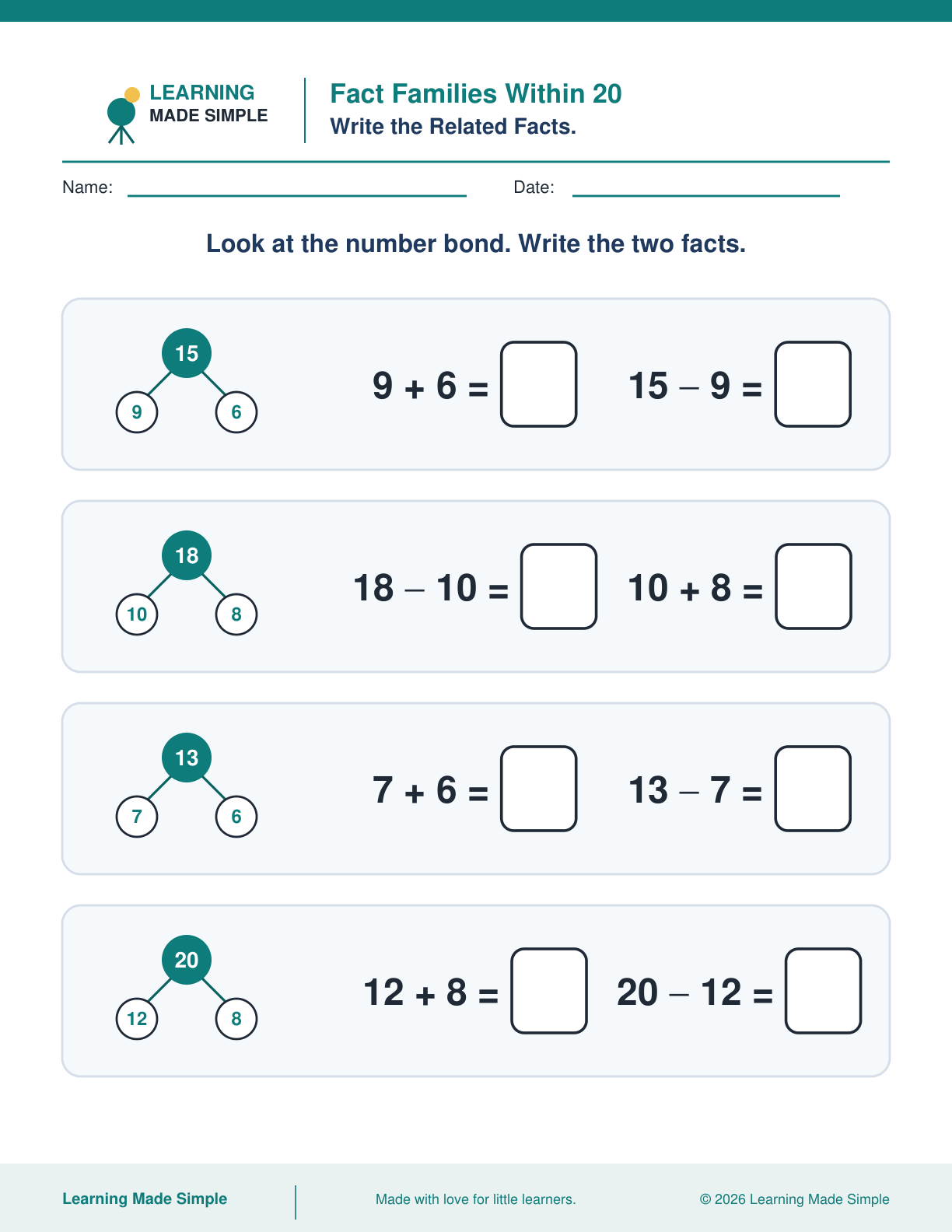 Preview of Fact Families Within 20 from Addition & Subtraction Within 20