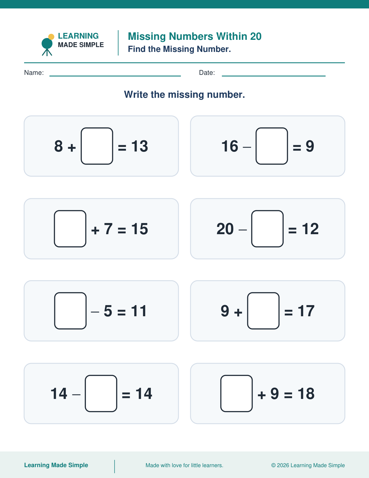 Preview of Missing Numbers Within 20 from Addition & Subtraction Within 20