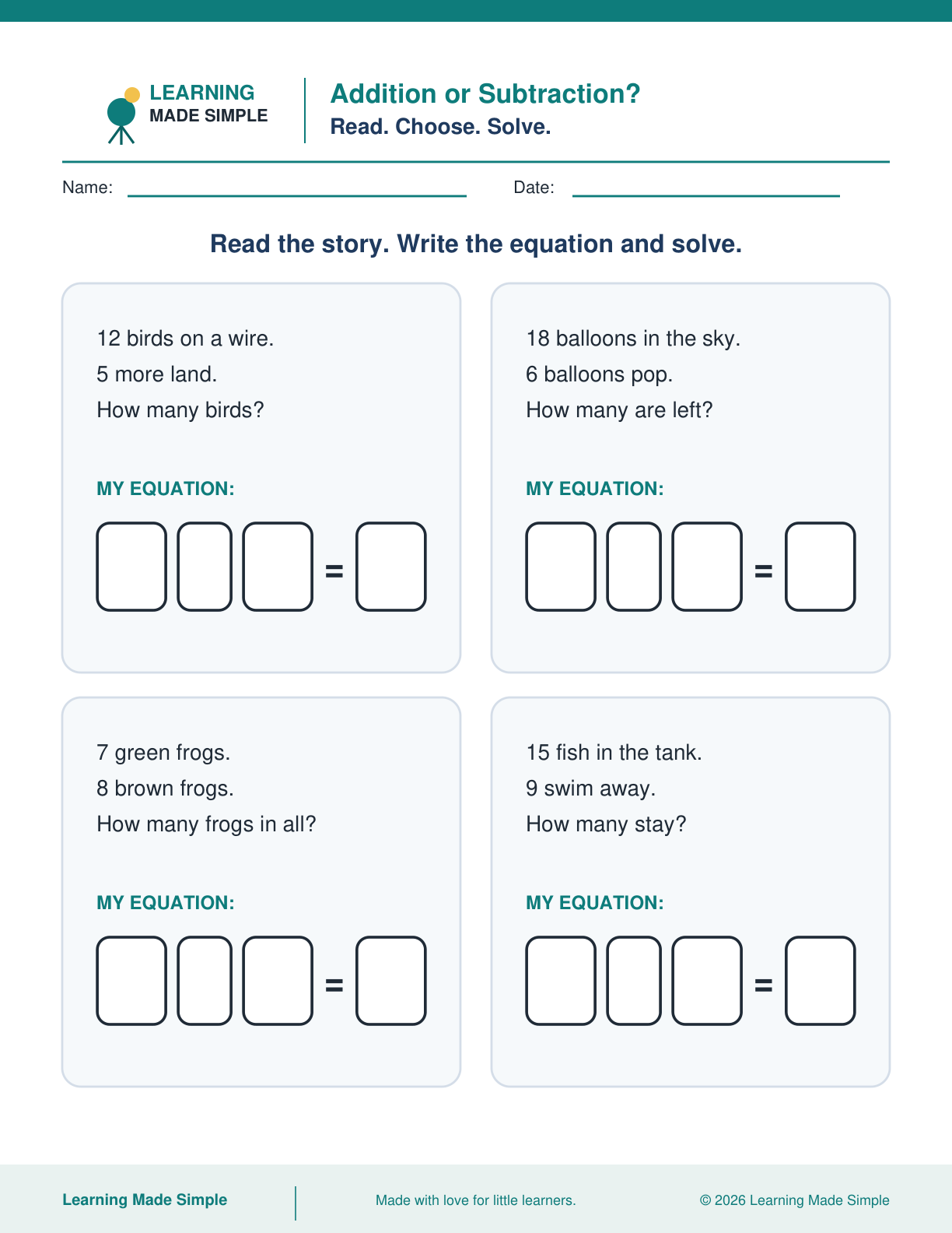 Preview of Addition or Subtraction? from Addition & Subtraction Within 20