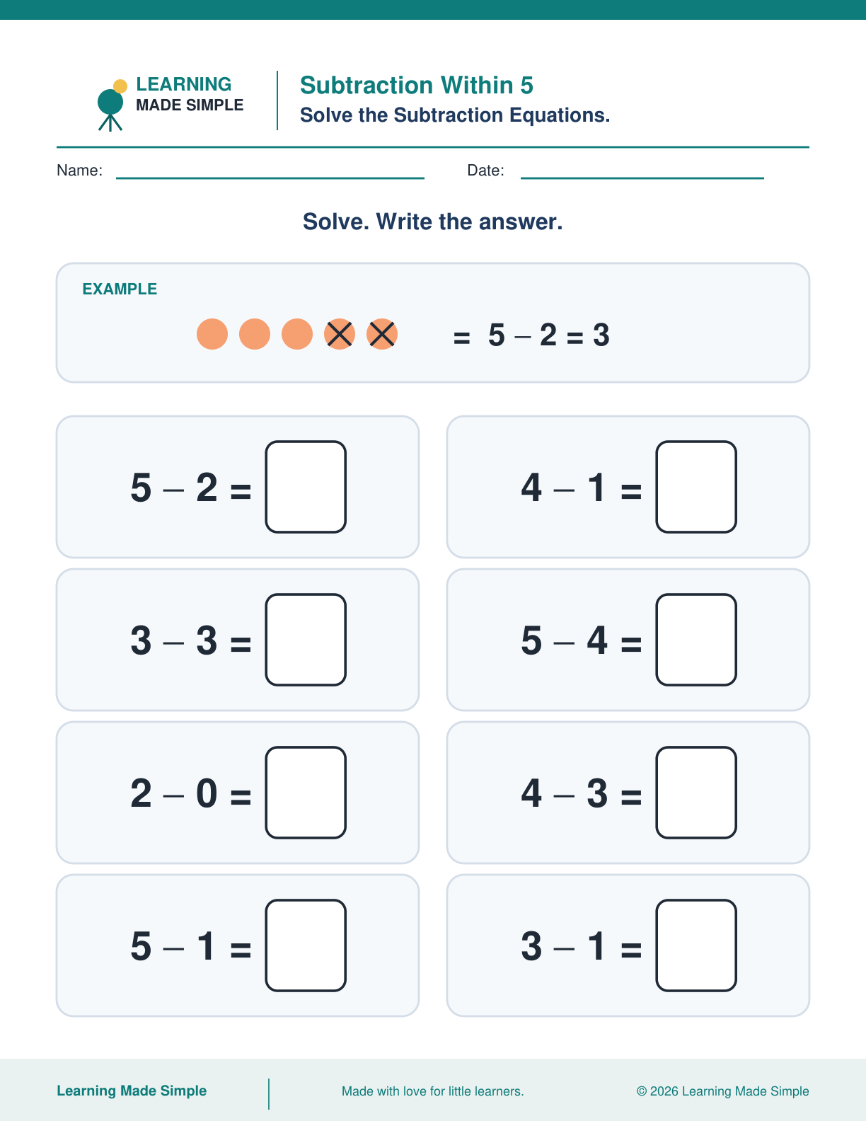 Preview of Subtraction Within 5 from Addition & Subtraction Within 5