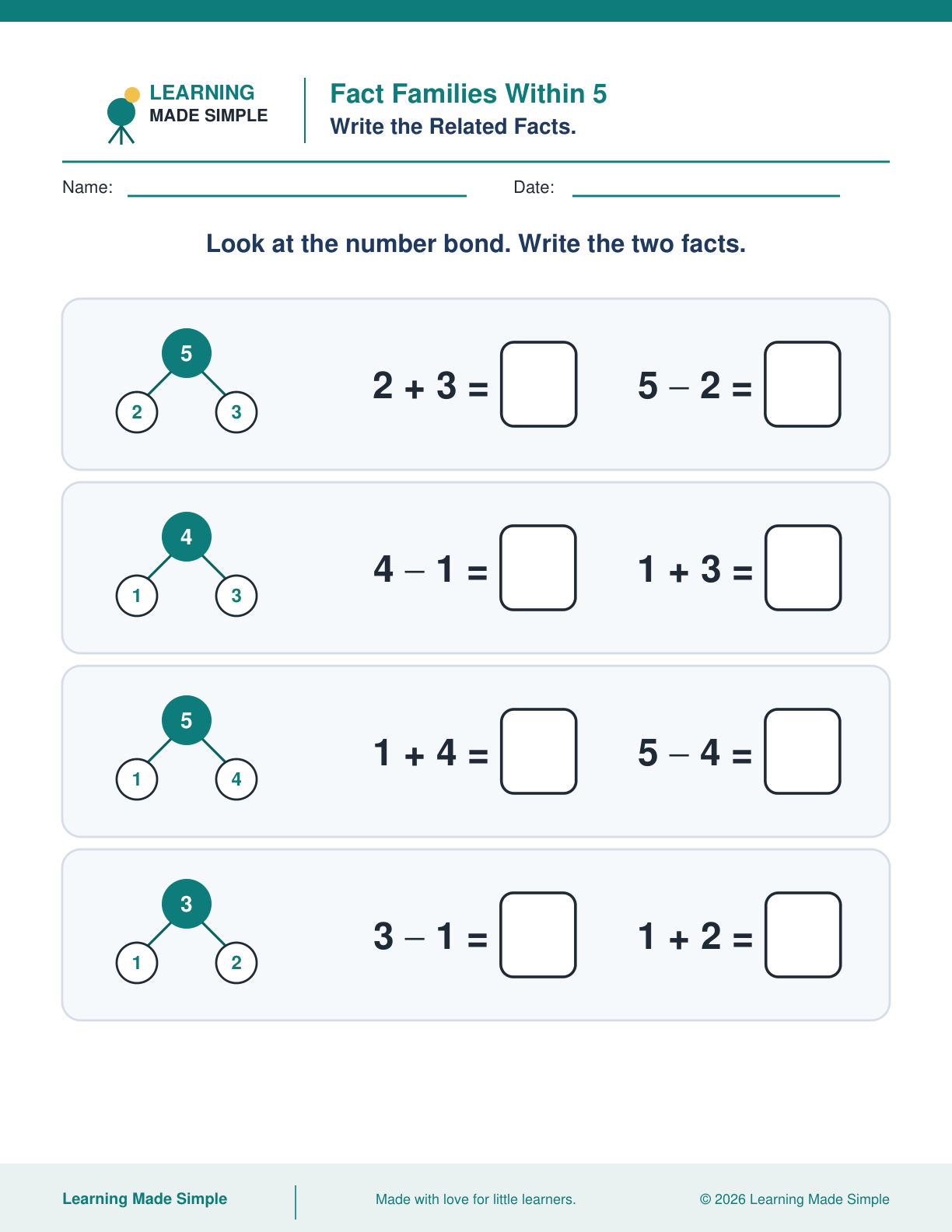 Preview of Fact Families Within 5 from Addition & Subtraction Within 5