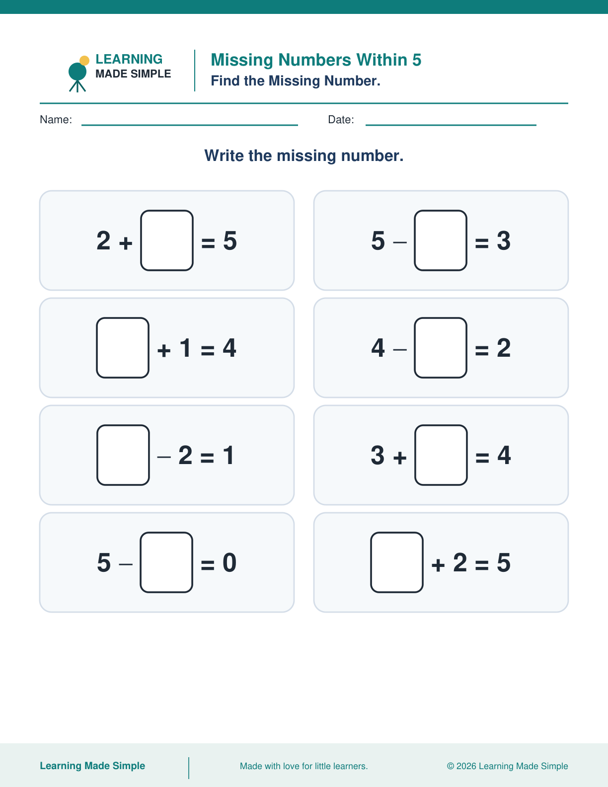 Preview of Missing Numbers Within 5 from Addition & Subtraction Within 5