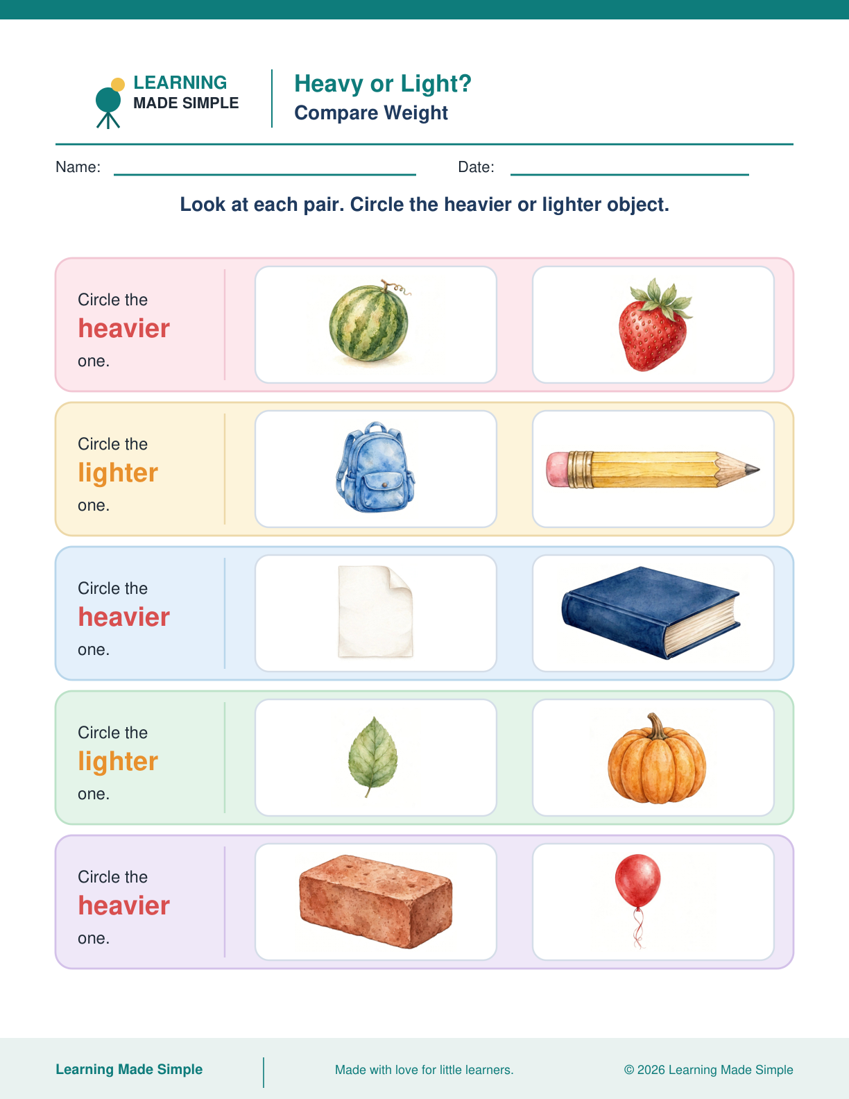 Preview of Heavy or Light? from Compare Weight