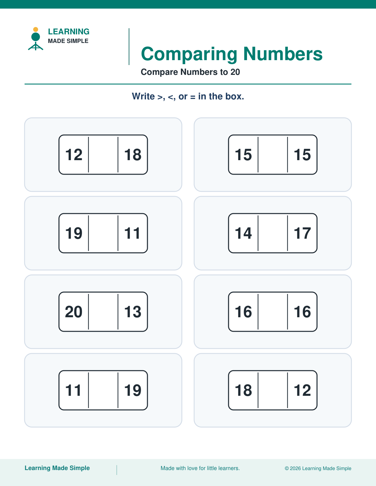 Preview of Compare Numbers to 20 from Comparing Numbers