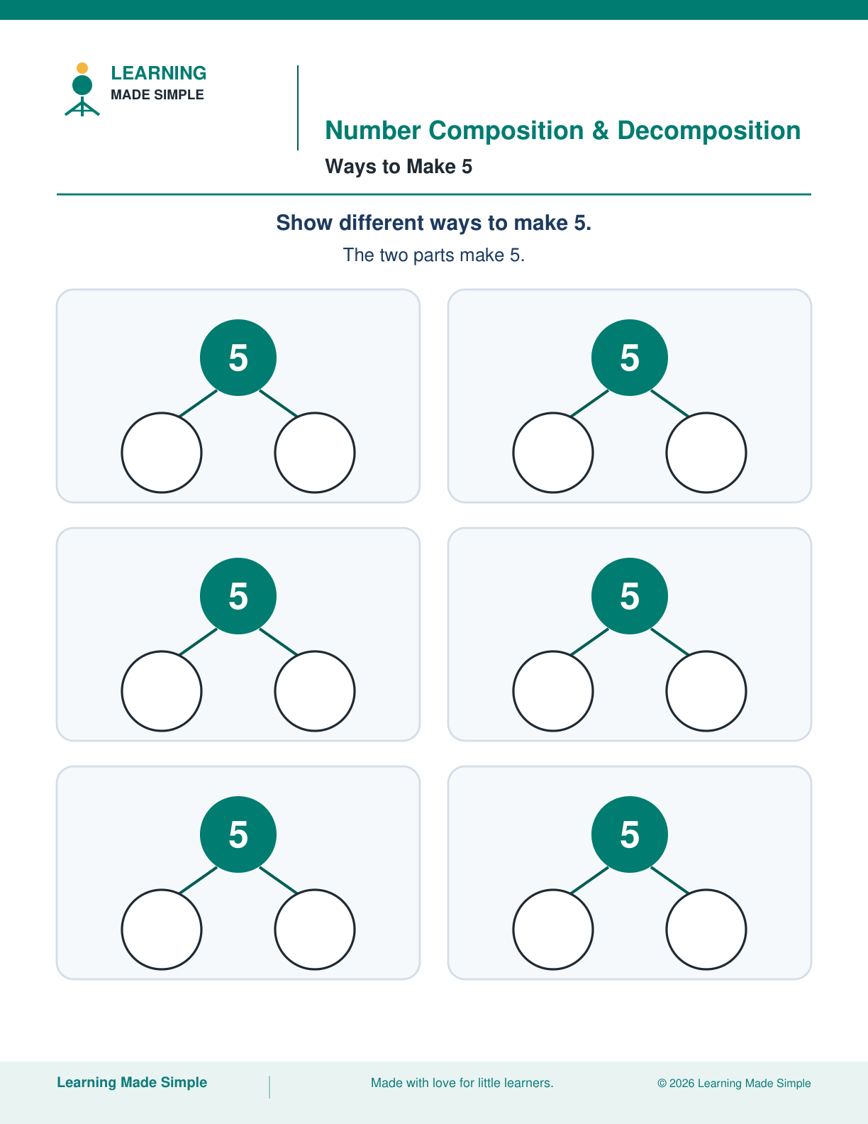 Preview of Ways to Make 5 from Number Composition & Decomposition