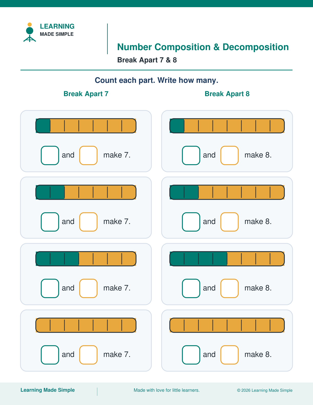 Preview of Break Apart 7 & 8 from Number Composition & Decomposition
