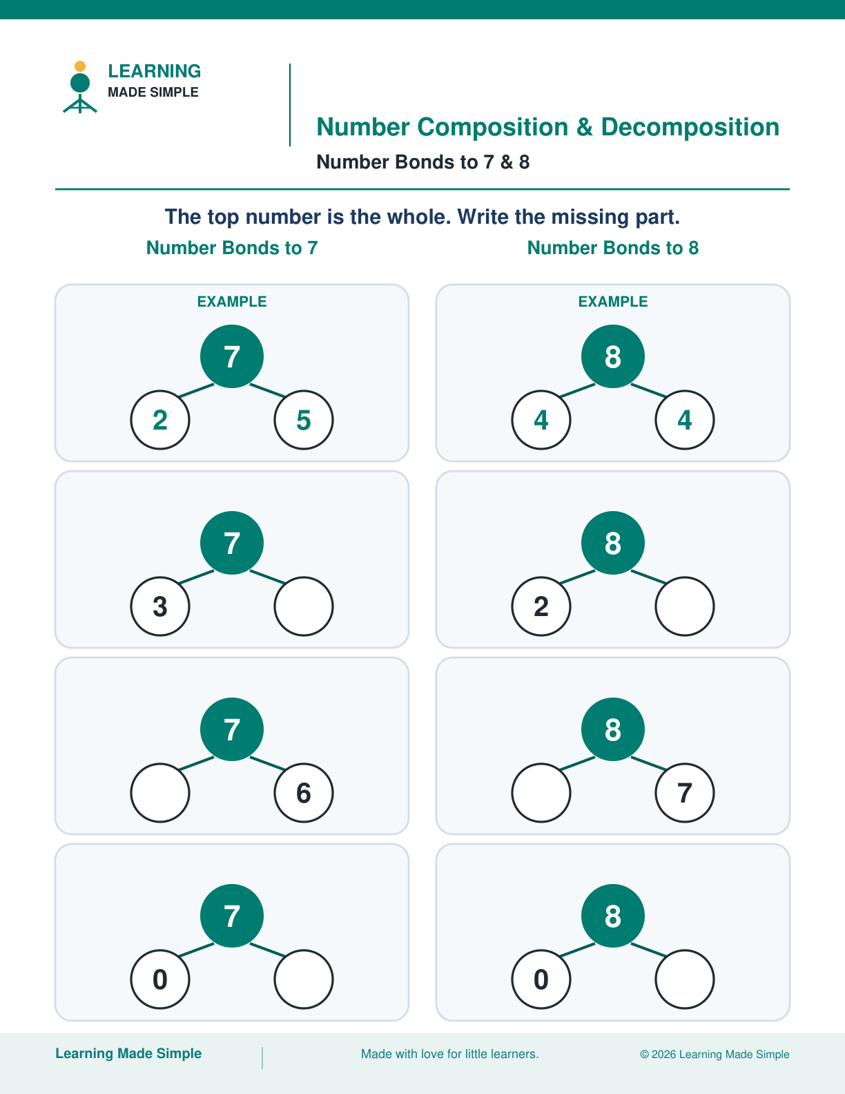 Preview of Number Bonds to 7 & 8 from Number Composition & Decomposition