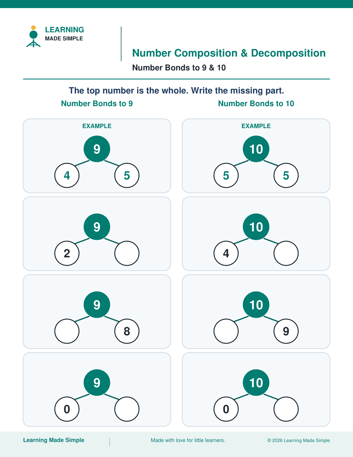 Preview of Number Bonds to 9 & 10 from Number Composition & Decomposition