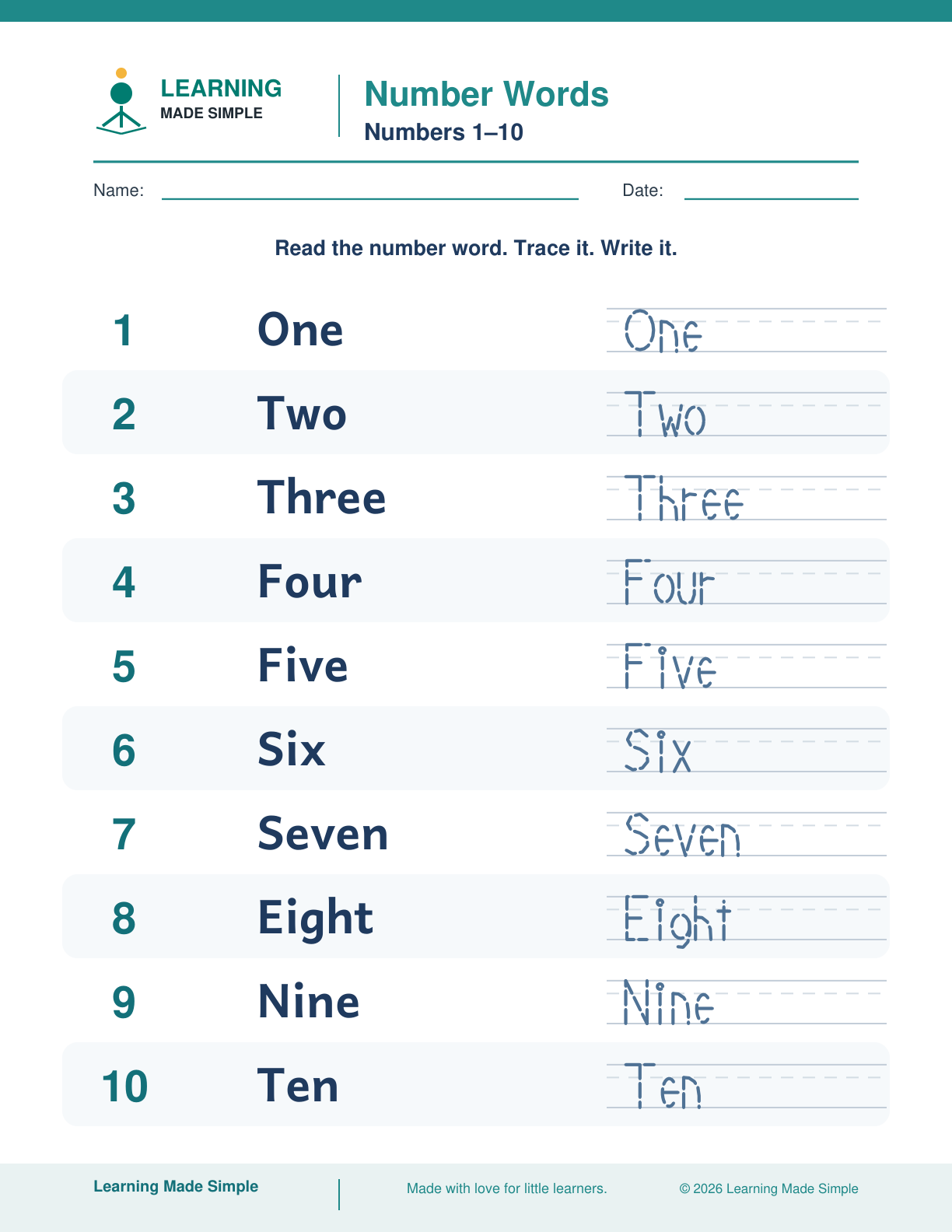 Preview of Read, Trace & Write from Number Words 1–10