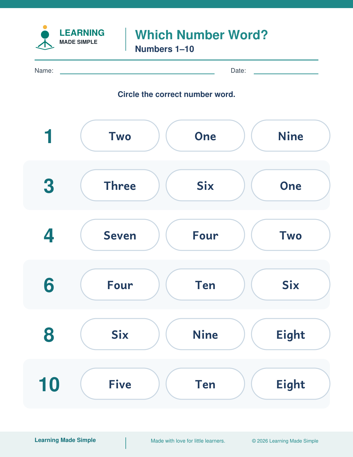 Preview of Which Number Word? from Number Words 1–10