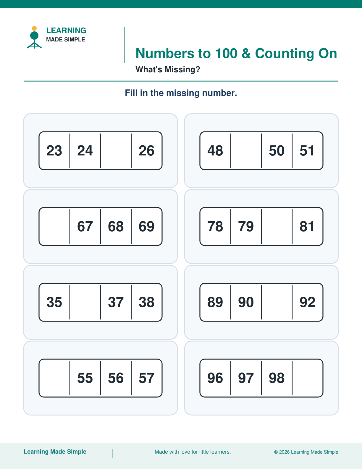 Preview of What's Missing? from Numbers to 100 & Counting On