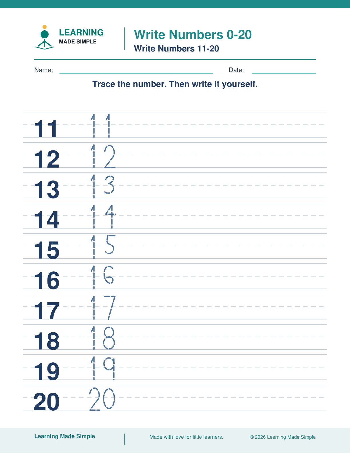 Preview of Write Numbers 11–20 from Write Numbers 0–20