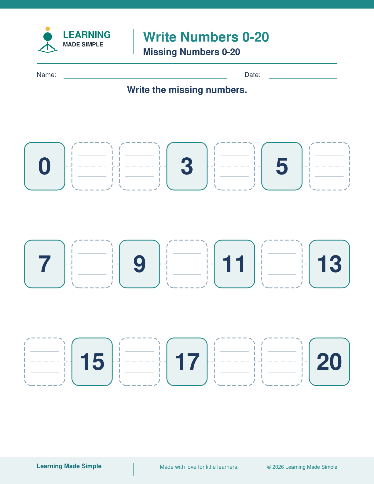Preview of Missing Numbers 0–20 from Write Numbers 0–20