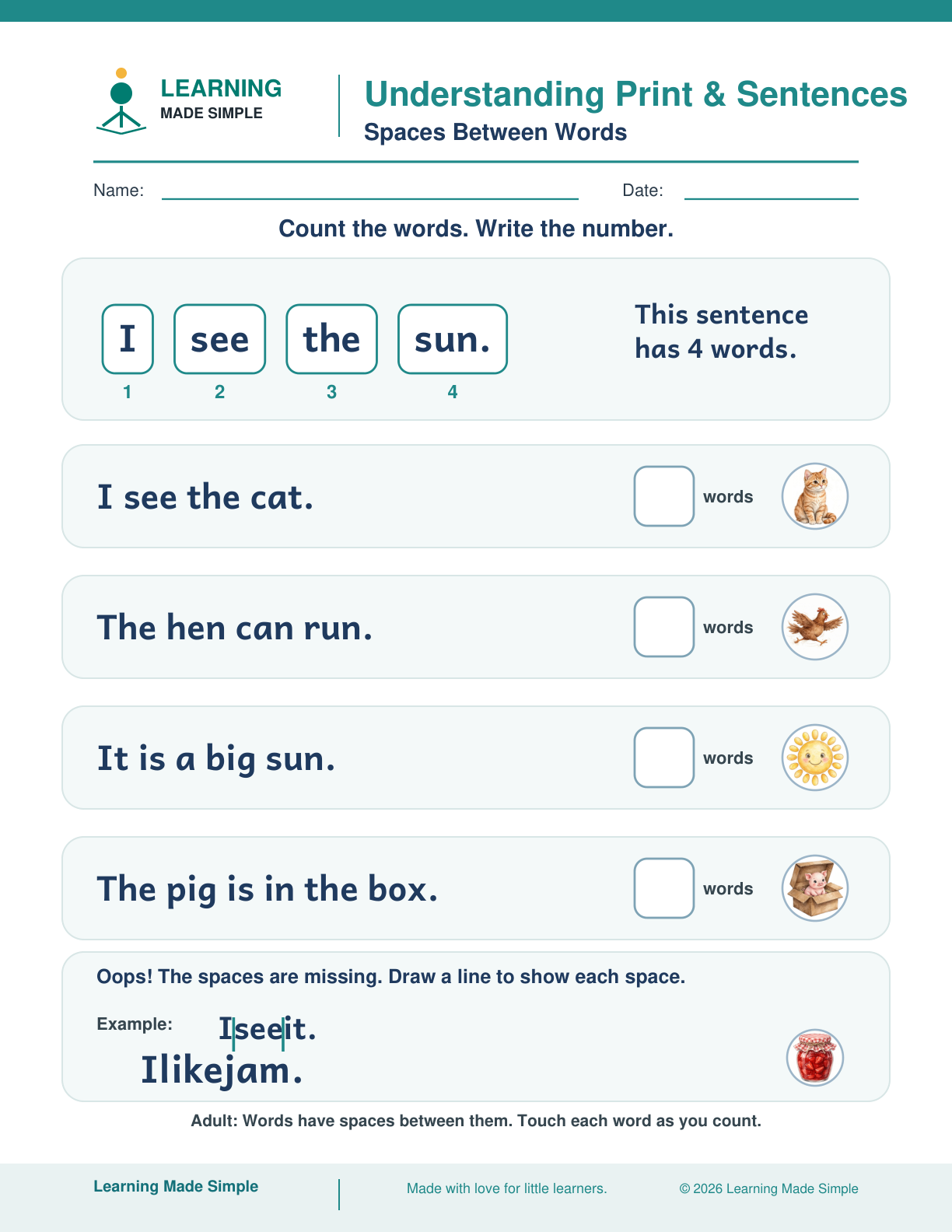 Preview of Spaces Between Words from Understanding Print & Sentences