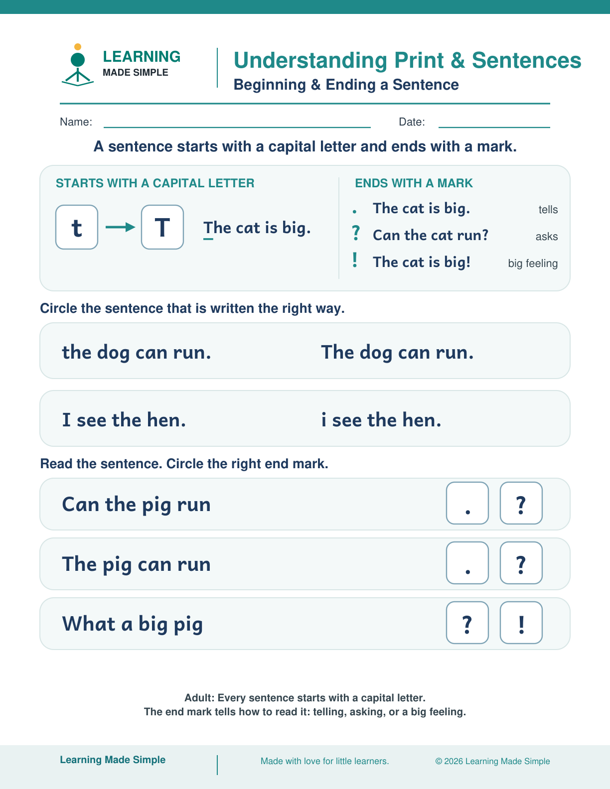Preview of Beginning & Ending a Sentence from Understanding Print & Sentences