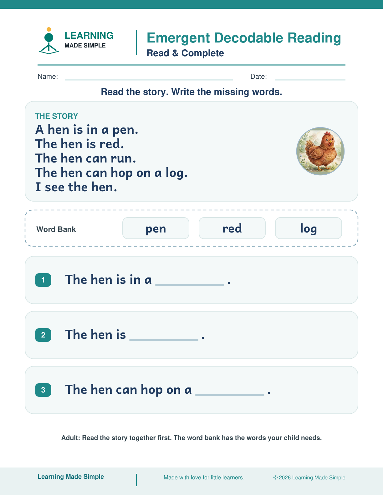 Preview of Read & Complete from Emergent Decodable Reading