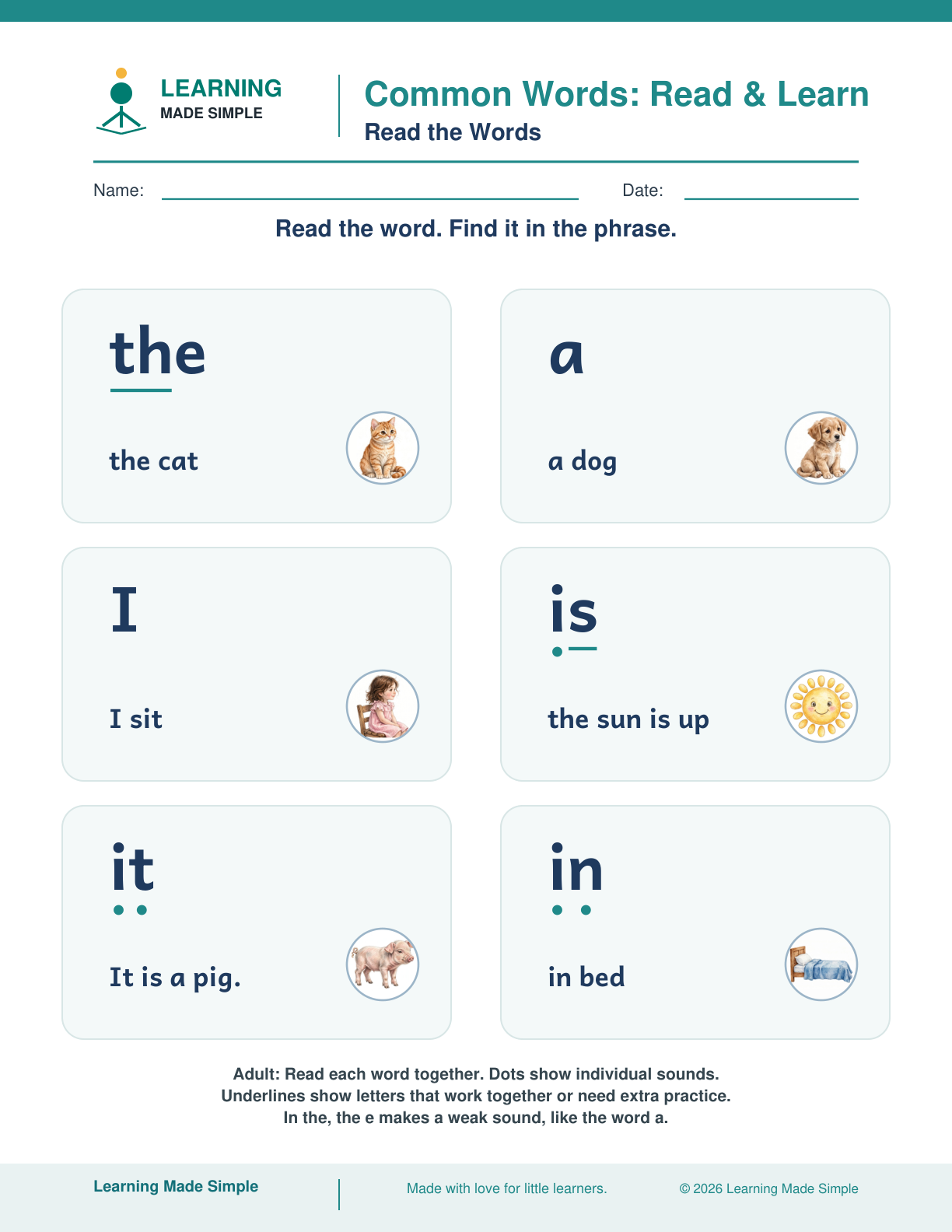 Preview of Read the Words from Common Words — Read & Learn