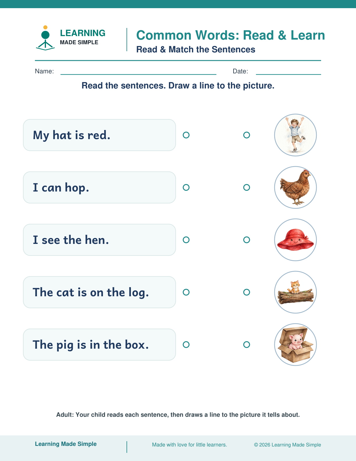 Preview of Read & Match the Sentences from Common Words — Read & Learn