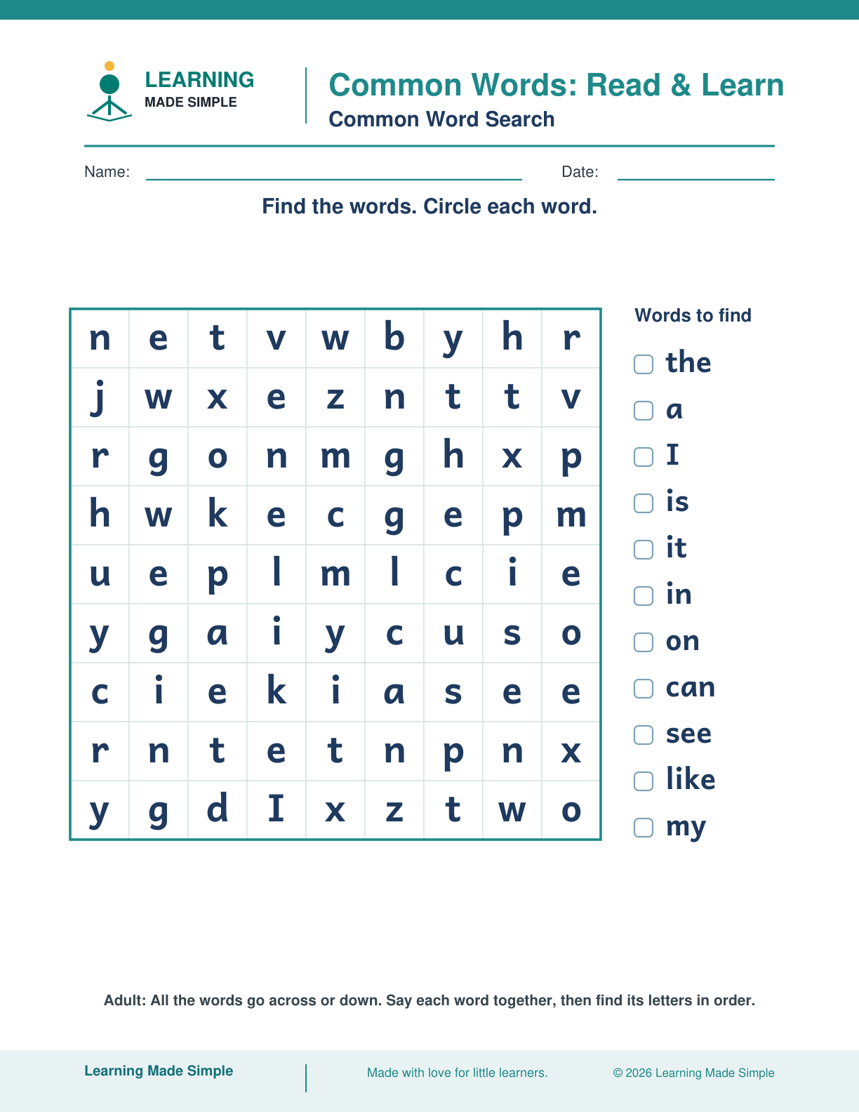 Preview of Common Word Search from Common Words — Read & Learn