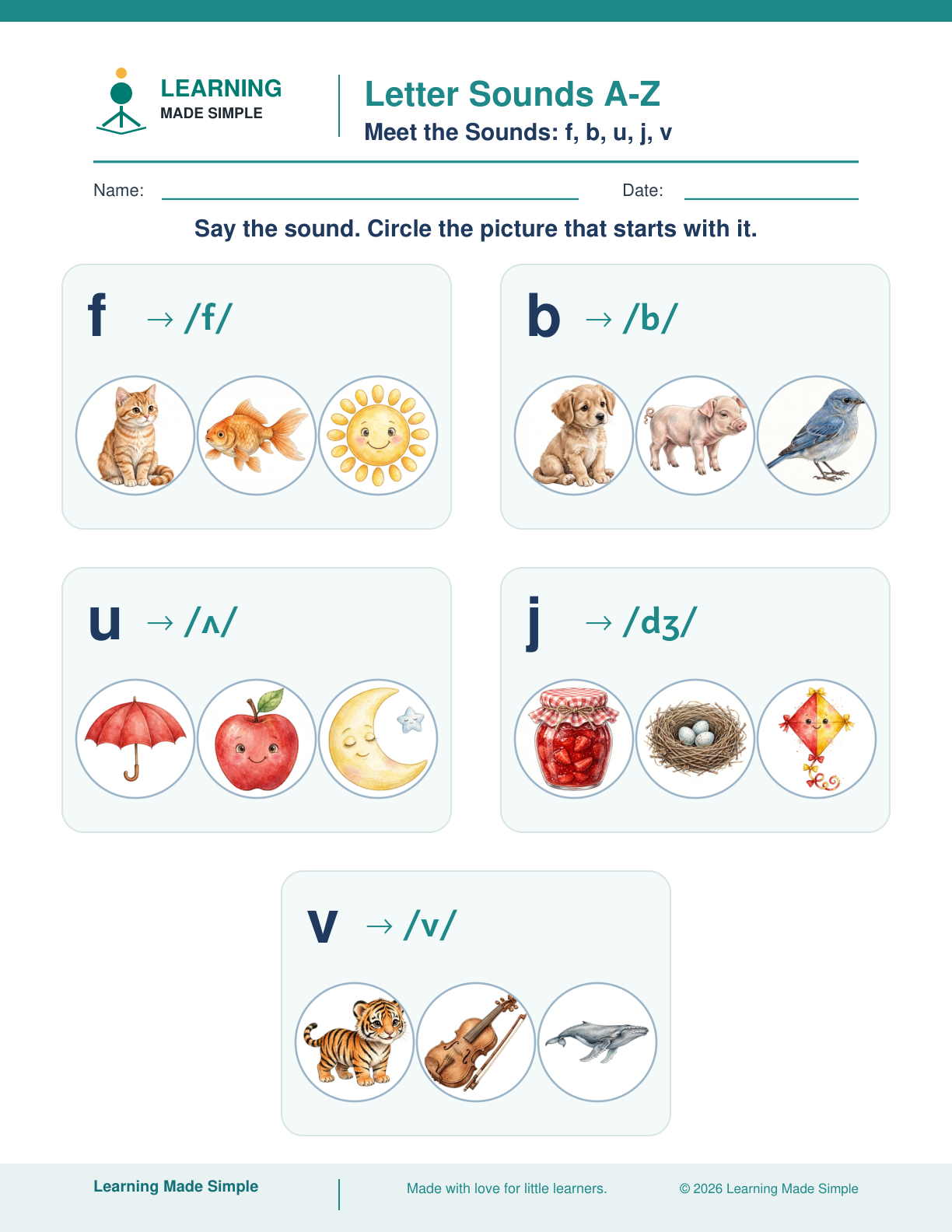 Preview of Meet the Sounds: f, b, u, j, v from Letter Sounds A–Z