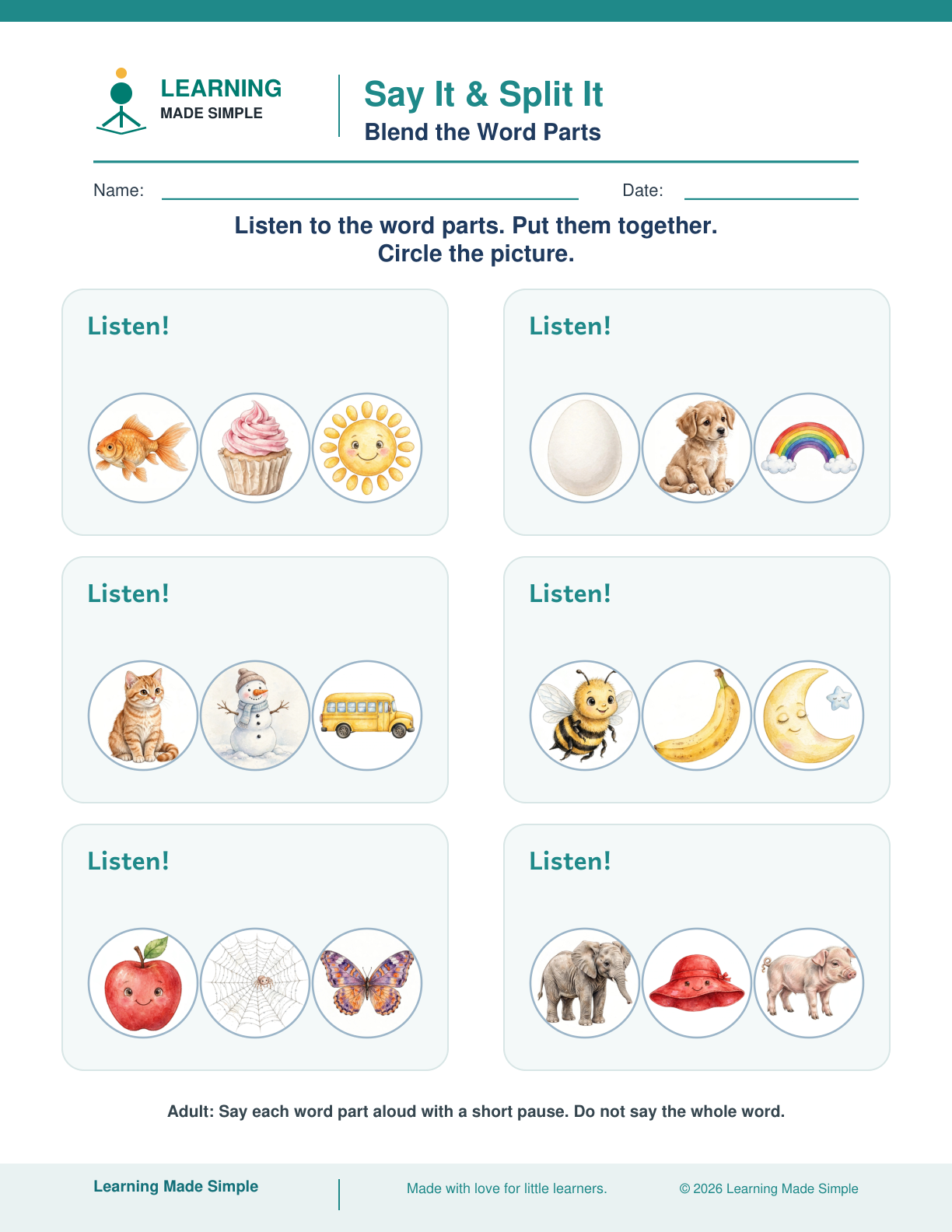 Preview of Blend the Word Parts from Say It & Split It — Rhymes and Word Parts