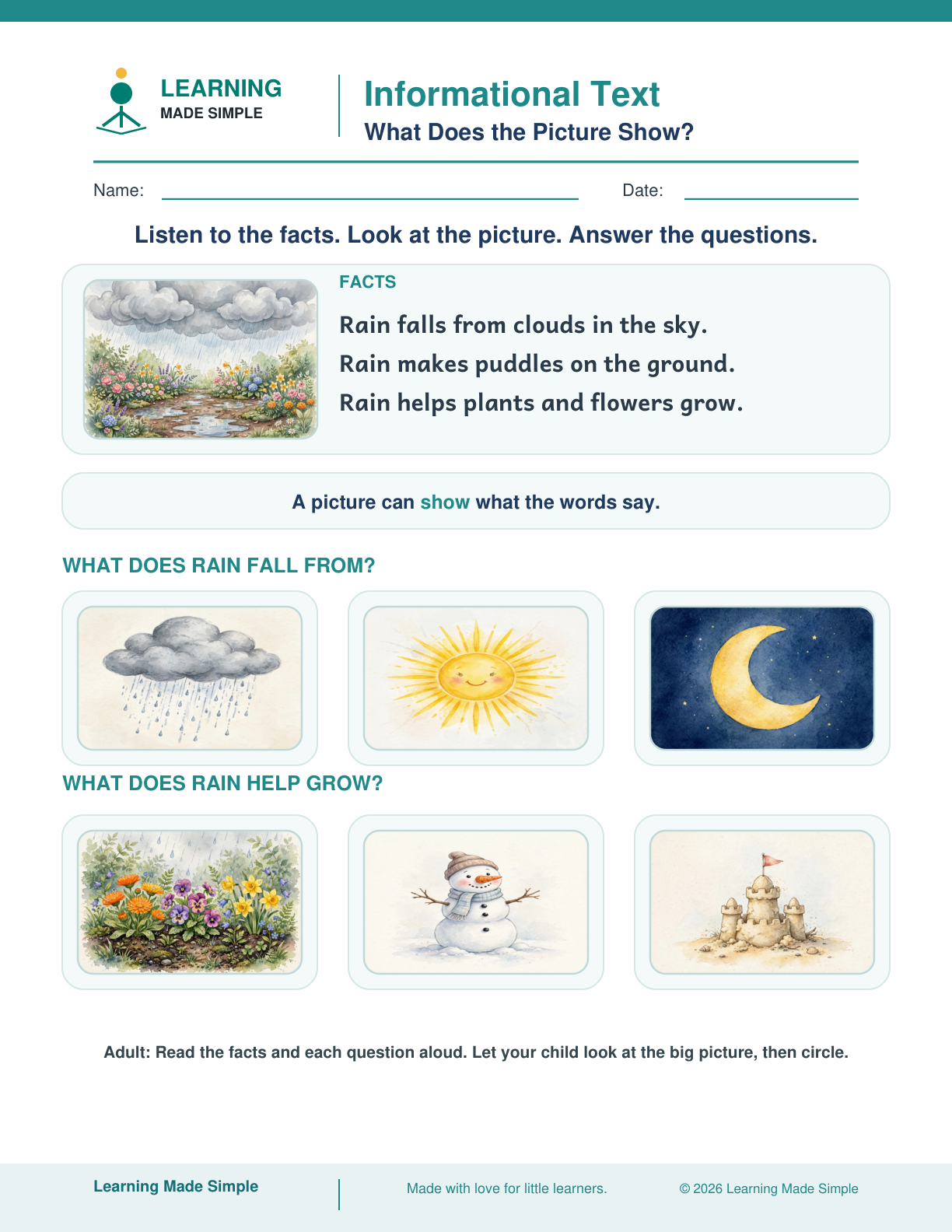 Preview of What Does the Picture Show? from Informational Text — Main Topic & Key Details