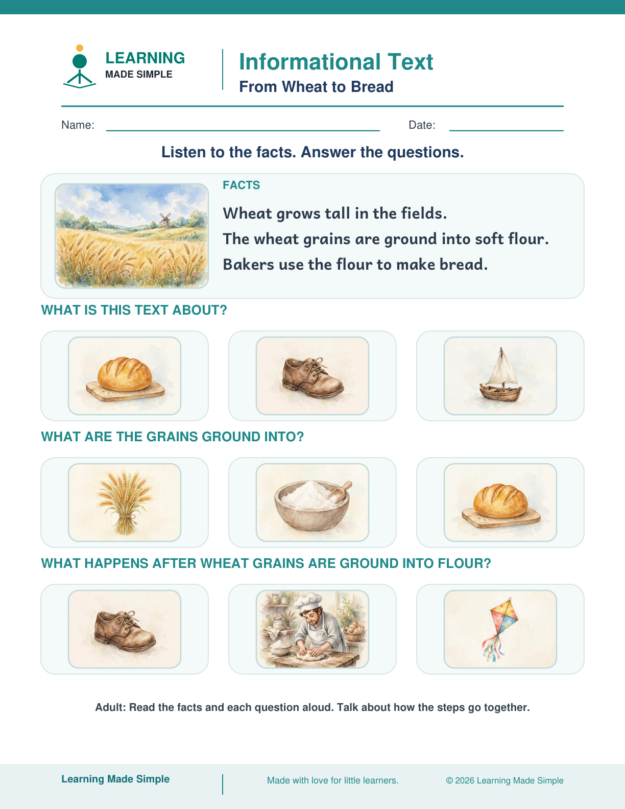 Preview of From Wheat to Bread from Informational Text — Main Topic & Key Details