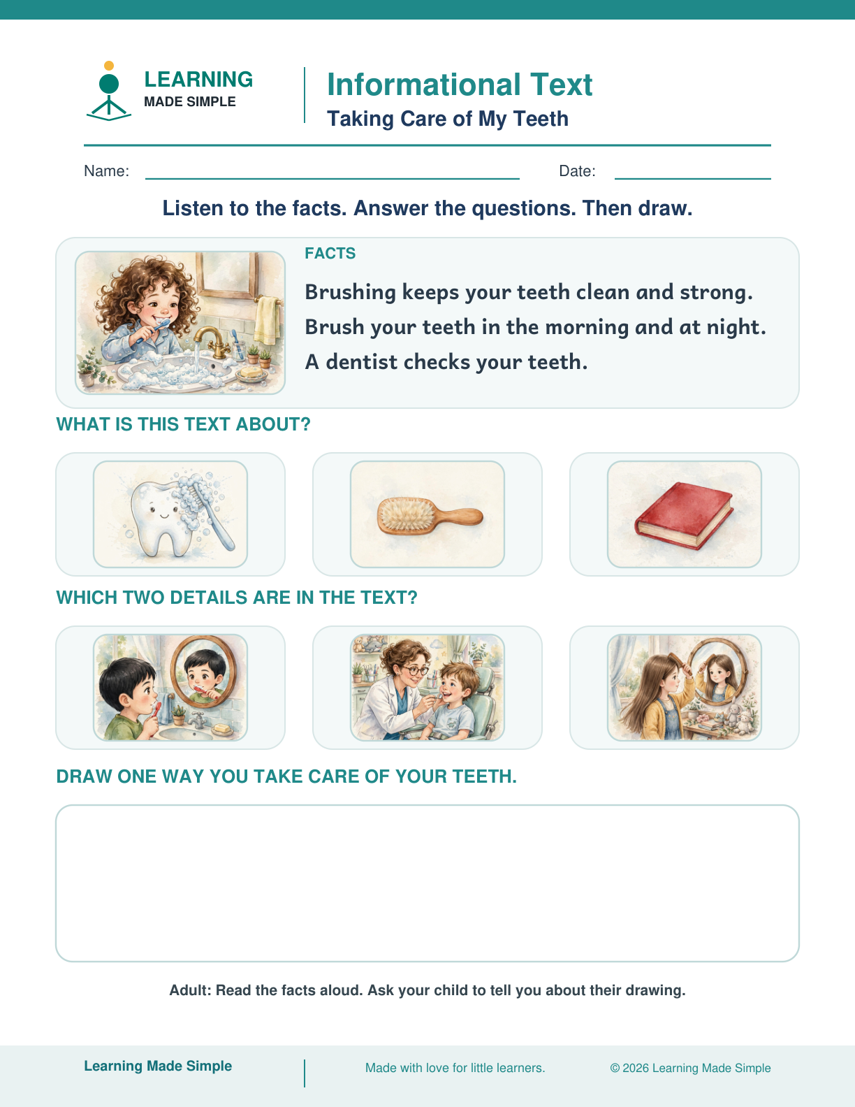 Preview of Taking Care of My Teeth from Informational Text — Main Topic & Key Details