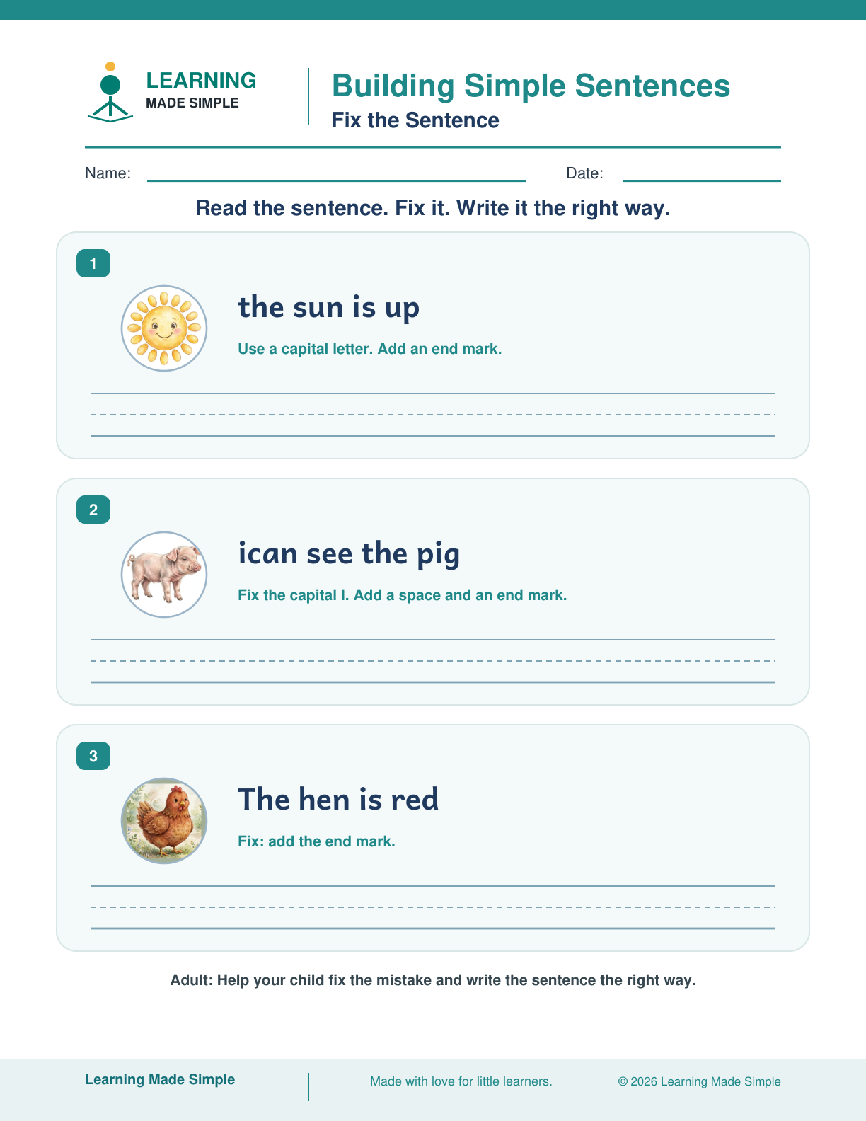 Preview of Fix the Sentence from Building Simple Sentences