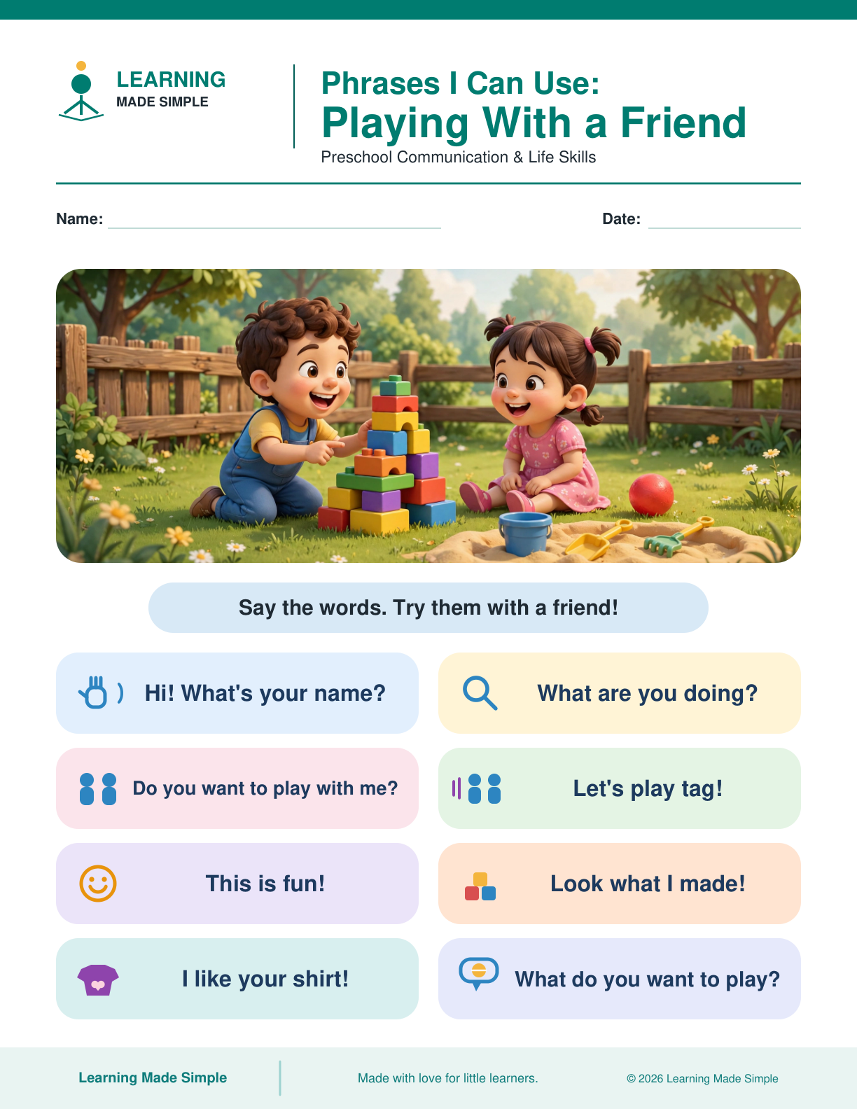 Preview of Playing With a Friend from Phrases I Can Use