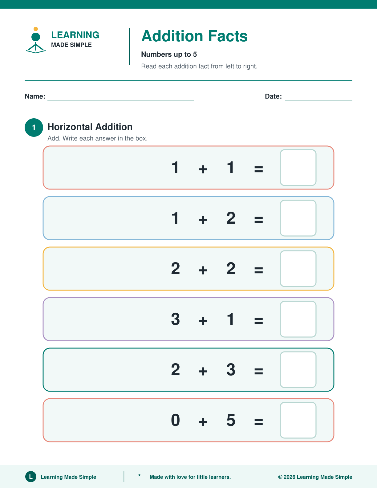 Preview of Page 1 from Addition Facts Within 5
