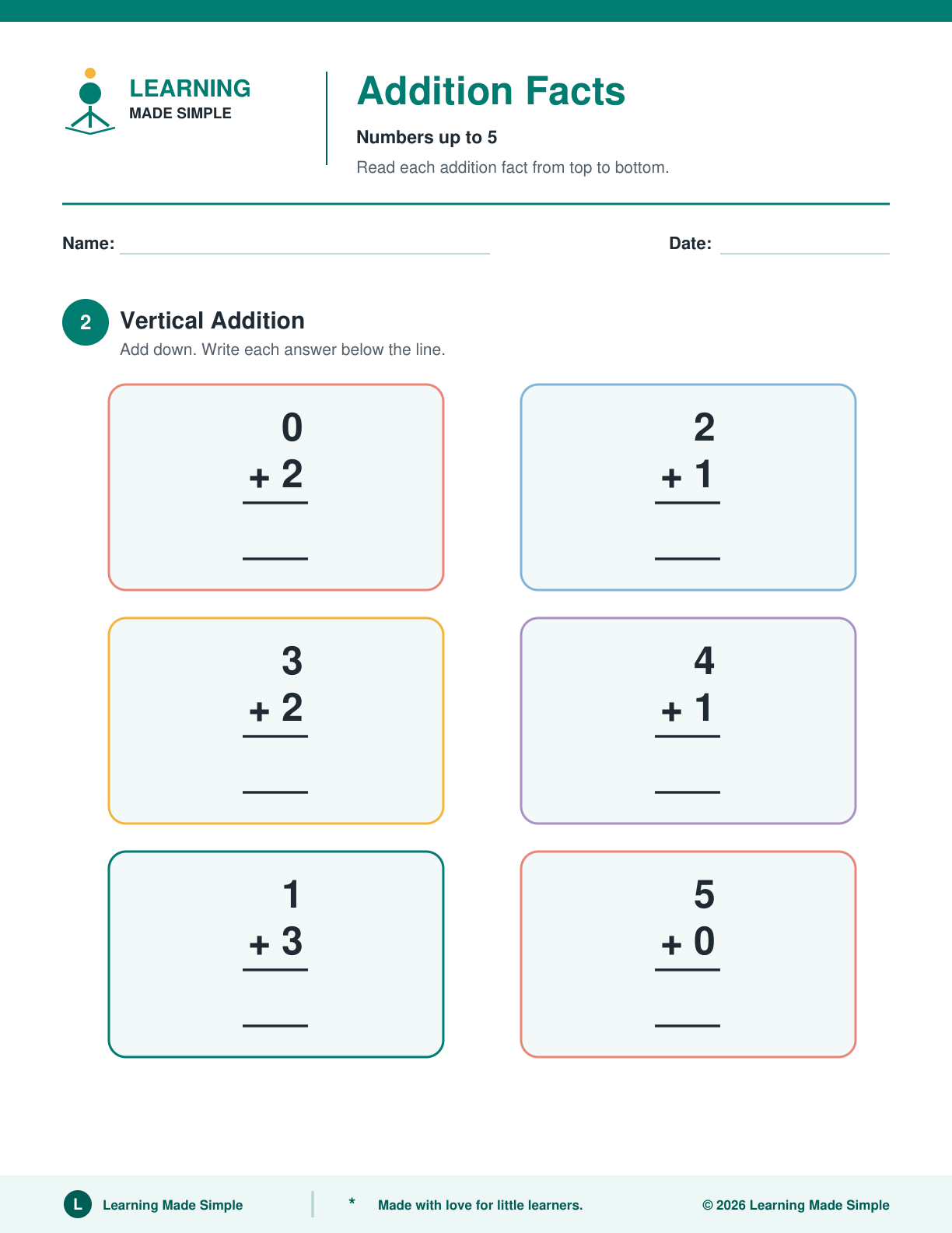 Preview of Page 2 from Addition Facts Within 5