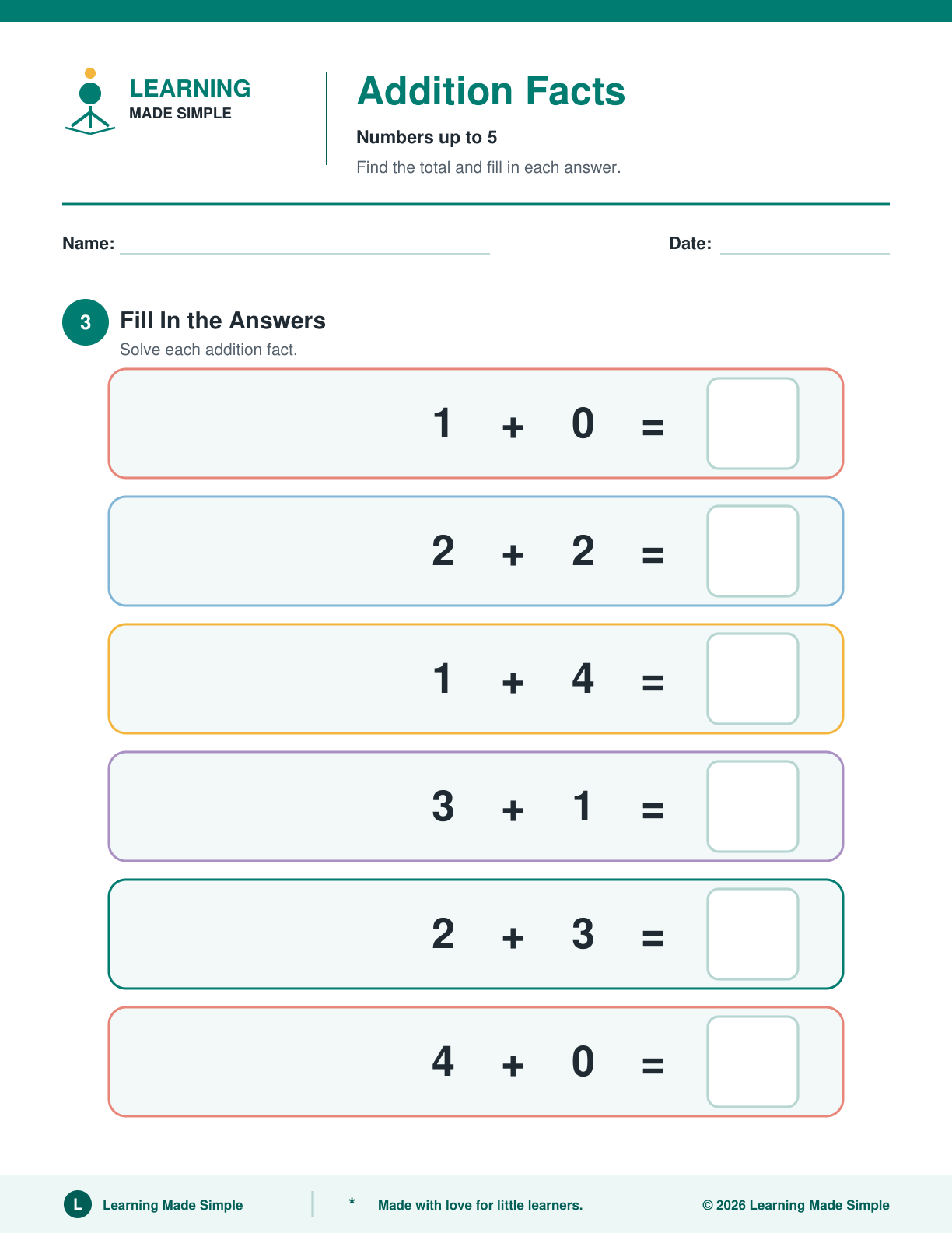 Preview of Page 3 from Addition Facts Within 5