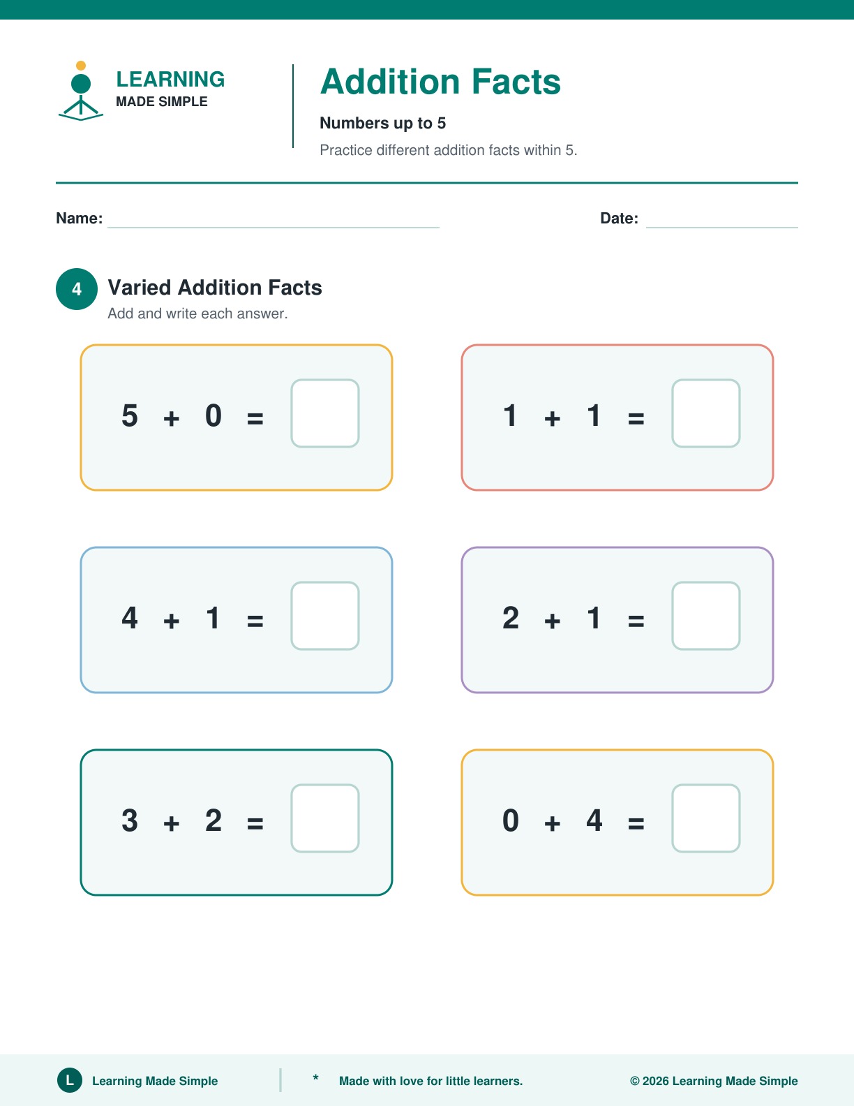 Preview of Page 4 from Addition Facts Within 5