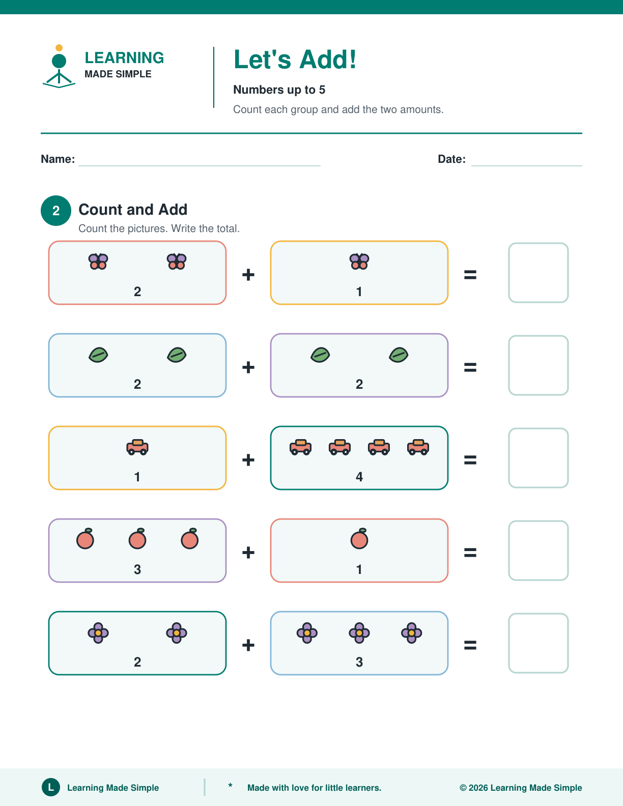 Preview of Page 2 from Addition to 5