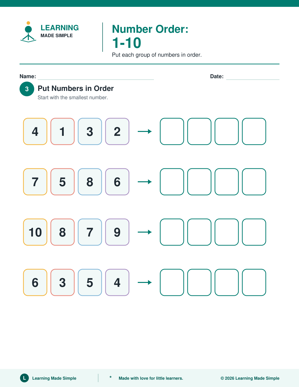 Preview of Page 3 from Number Order 1-10