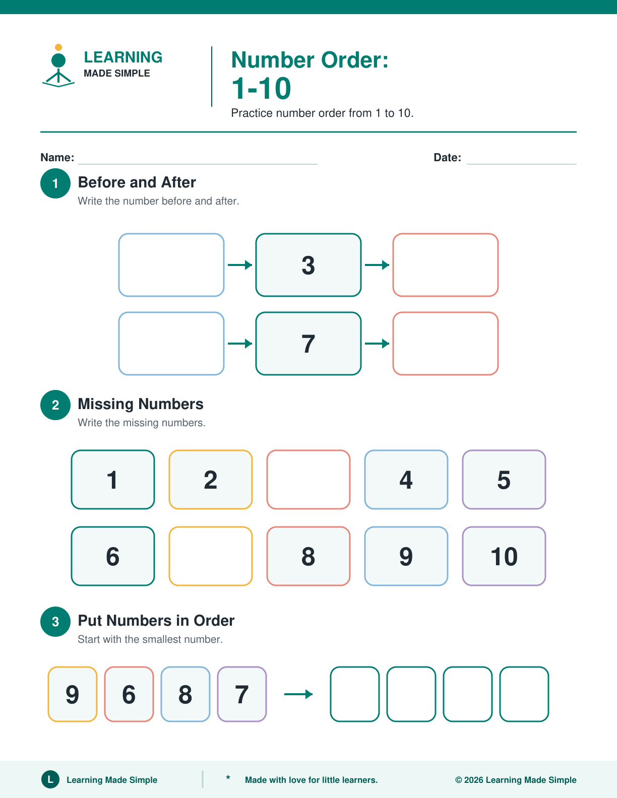 Preview of Page 4 from Number Order 1-10