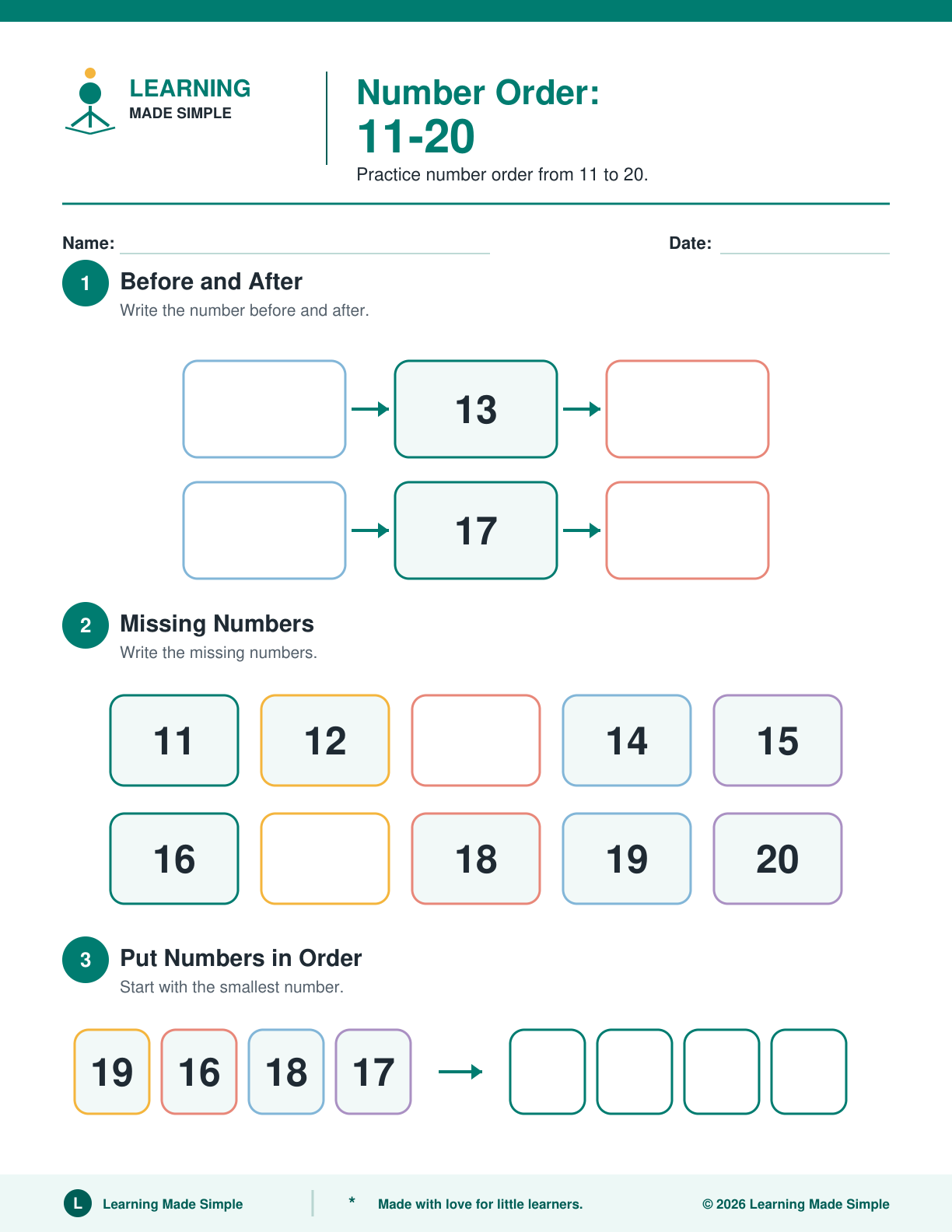 Preview of Page 4 from Number Order 11-20