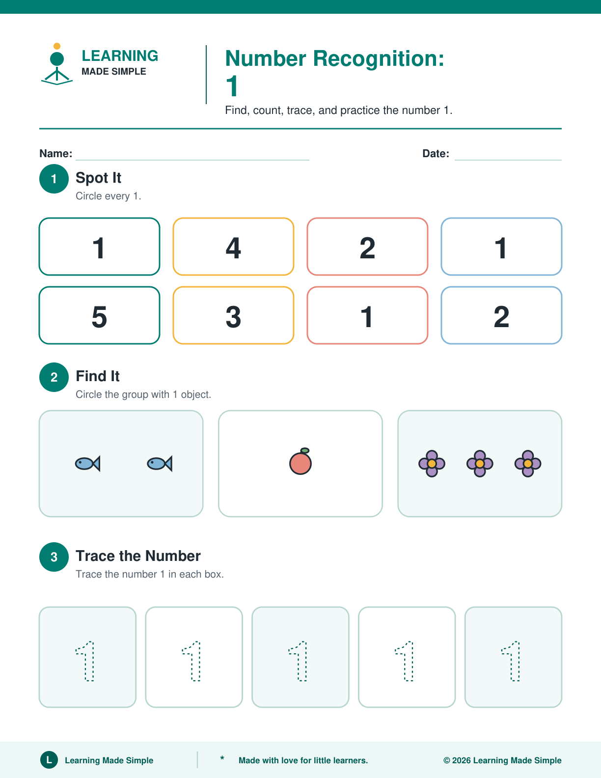 Preview of Page 1 from Number Recognition 1-5