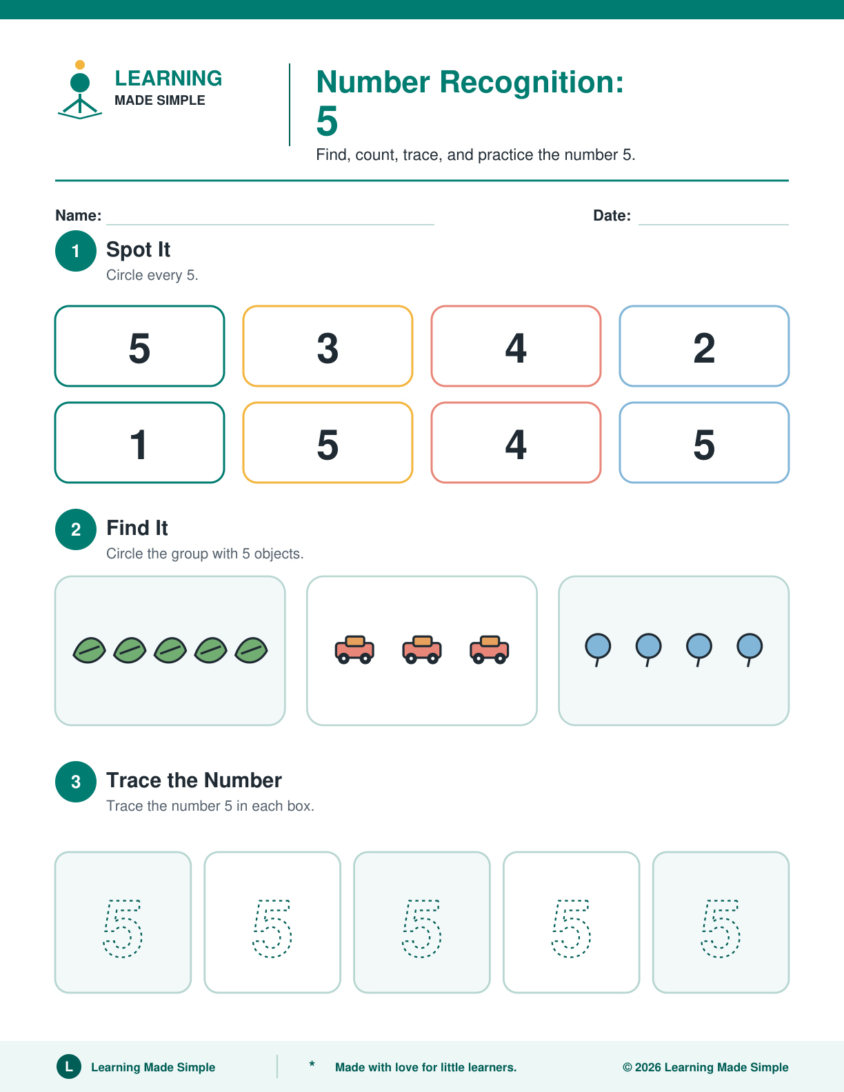 Preview of Page 5 from Number Recognition 1-5