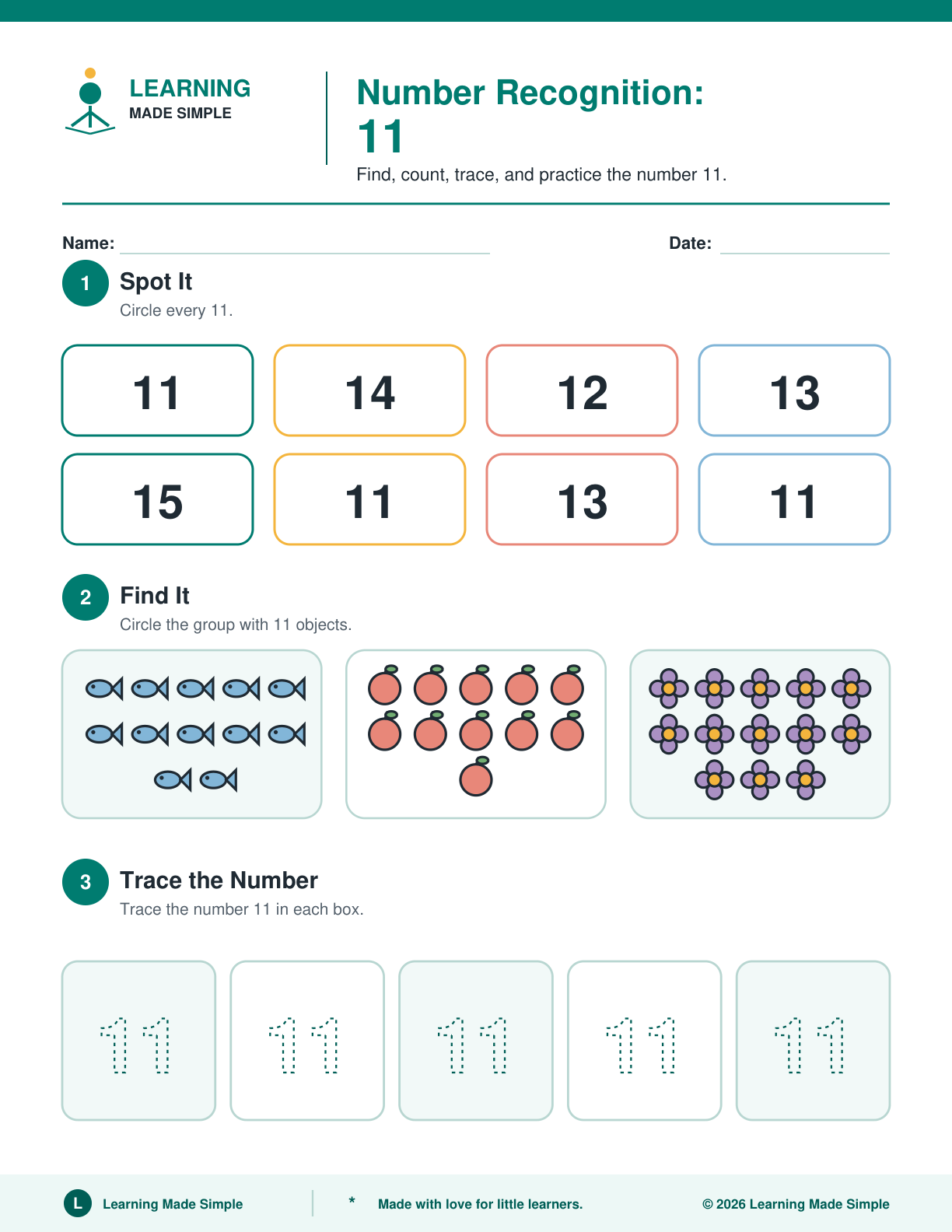Preview of Page 1 from Number Recognition 11-15