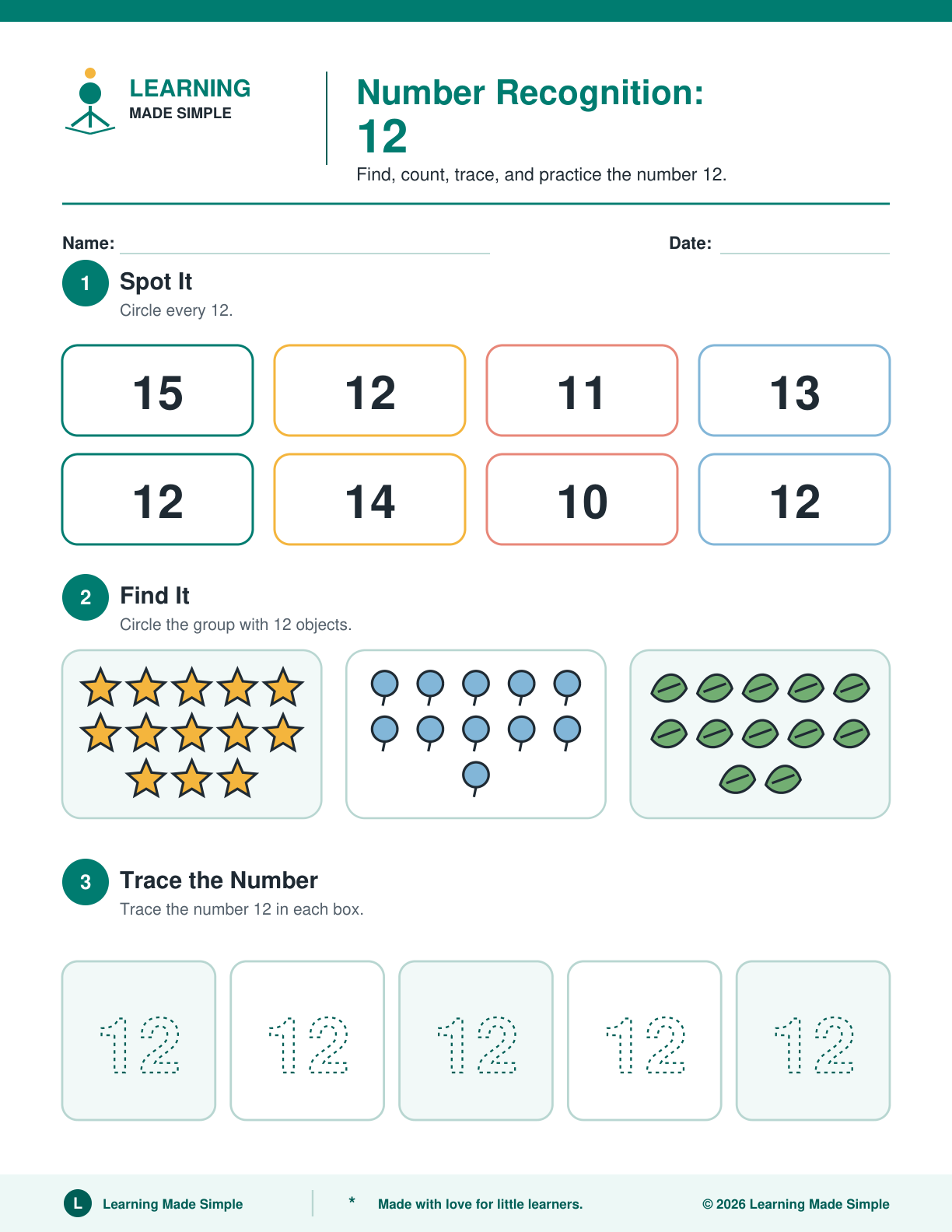 Preview of Page 2 from Number Recognition 11-15