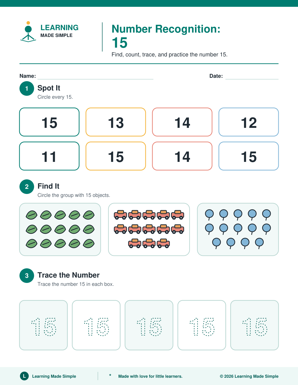 Preview of Page 5 from Number Recognition 11-15
